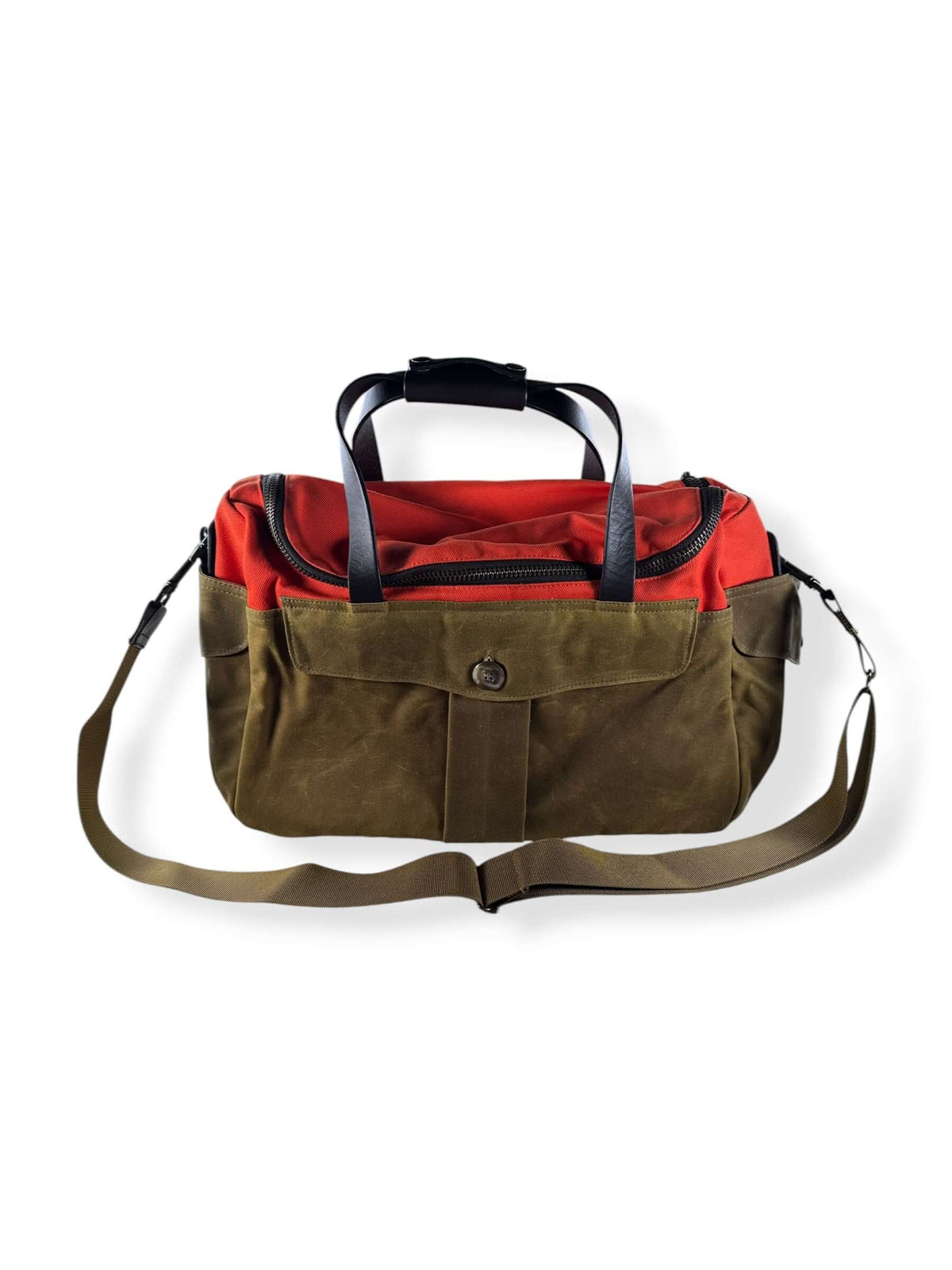 Front of Filson Heritage Sportsman Bag Orange Dark Tan NWOT