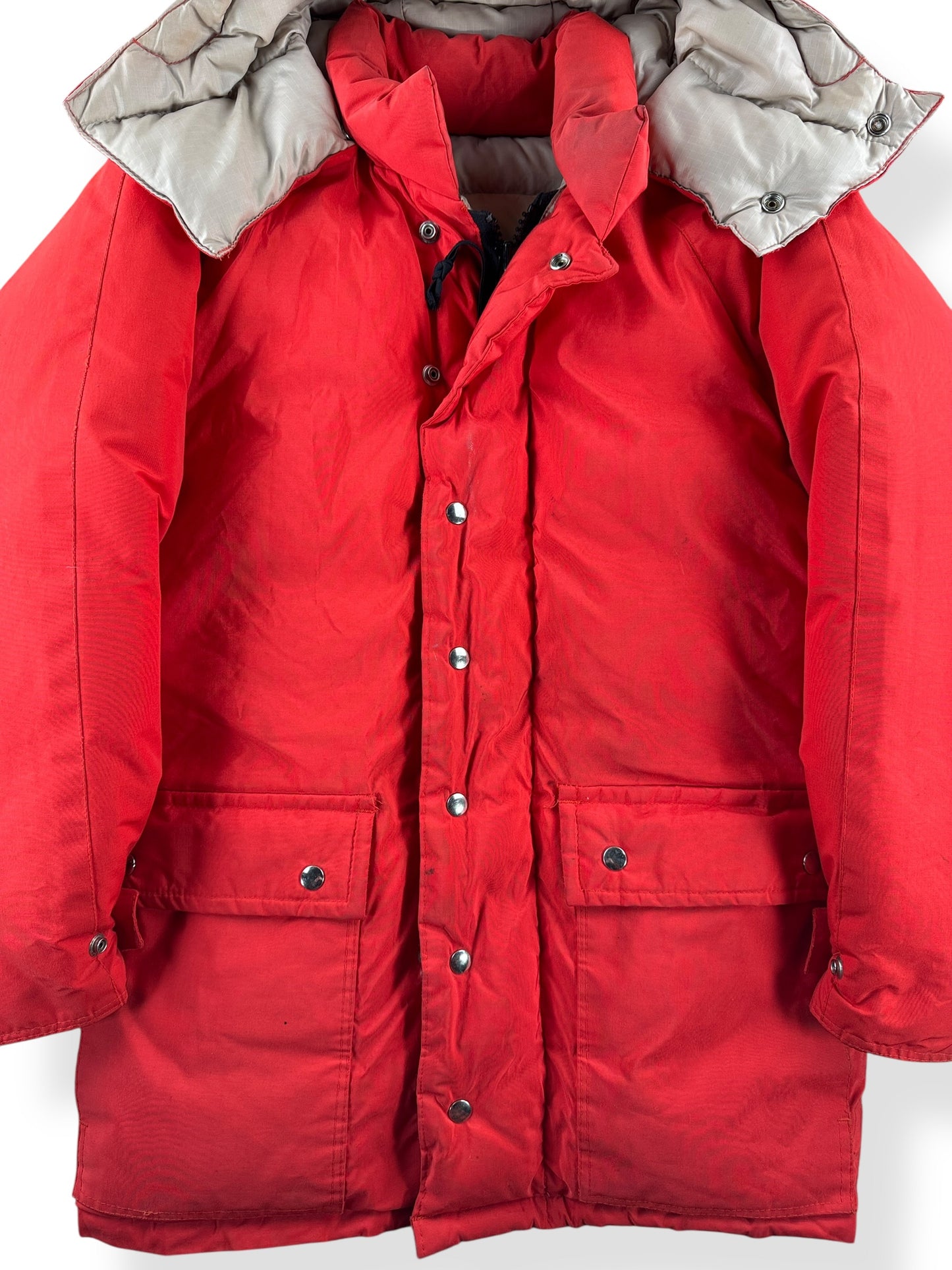 Front Close Up of Vintage Old Label REI Red Down Jacket with Hood SZ M