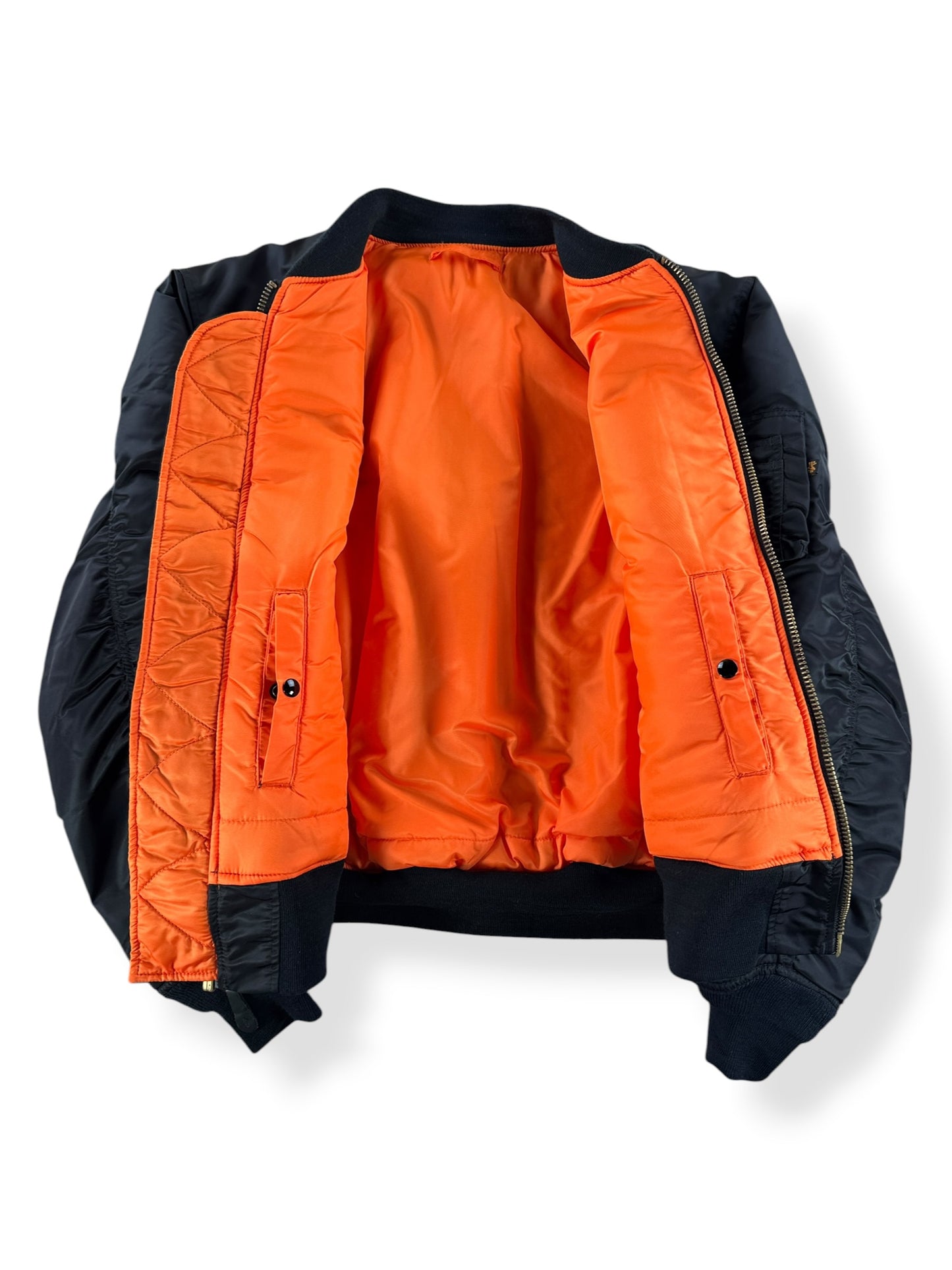 Inside of Black Alpha Industries MA-1 Bomber Jacket SZ XXL