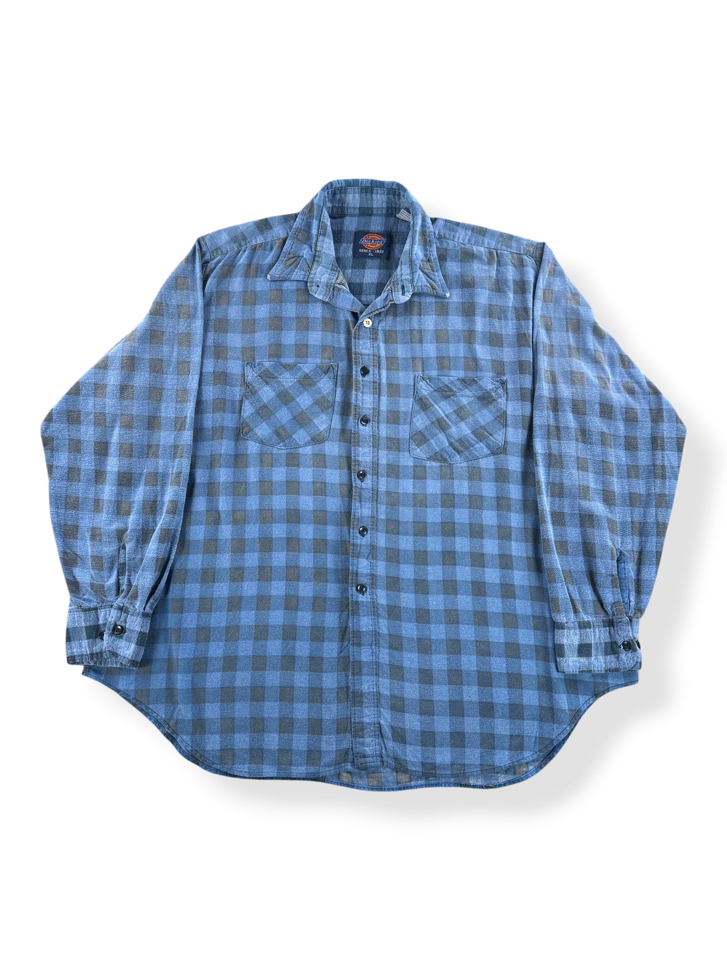 Front of Vintage Dickies Faded Blue Printed Cotton Flannel SZ XL