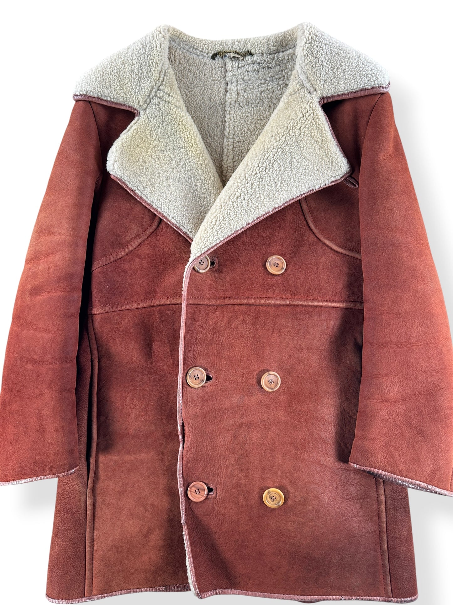 Front Close Up of Vintage Antartex Lambskin Suede Sherpa Lined Coat SZ M