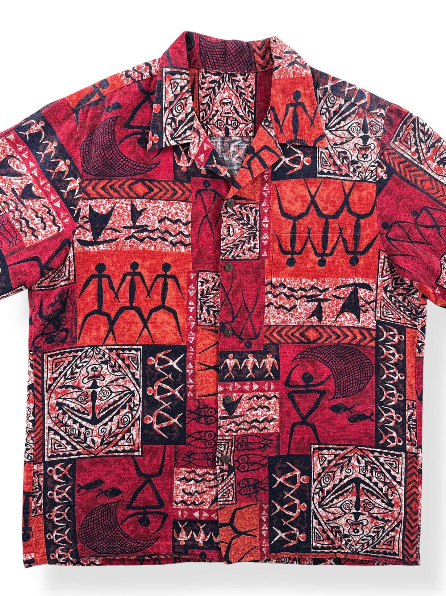 Front Close Up of Vintage Red + Orange Print Barkcloth Aloha Shirt SZ L