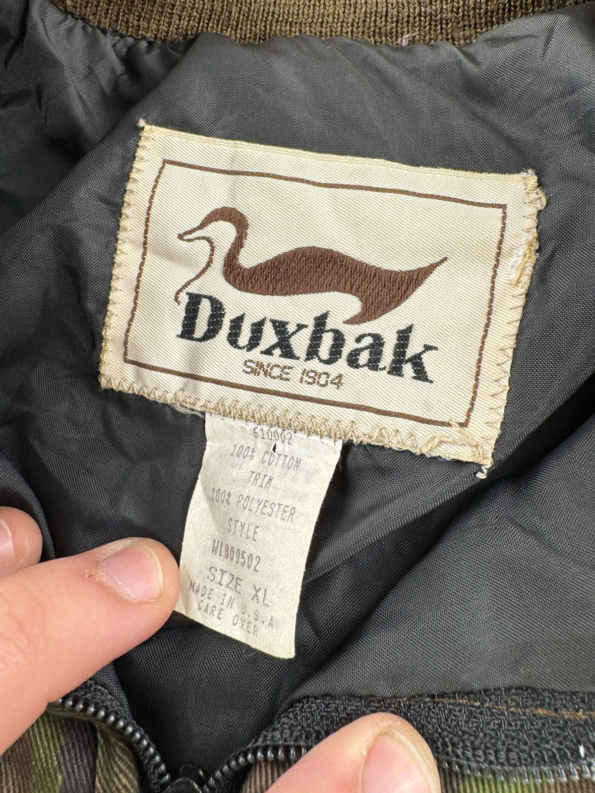 Tags on Vintage Duxbak Camo Bomber Jacket SZ XL