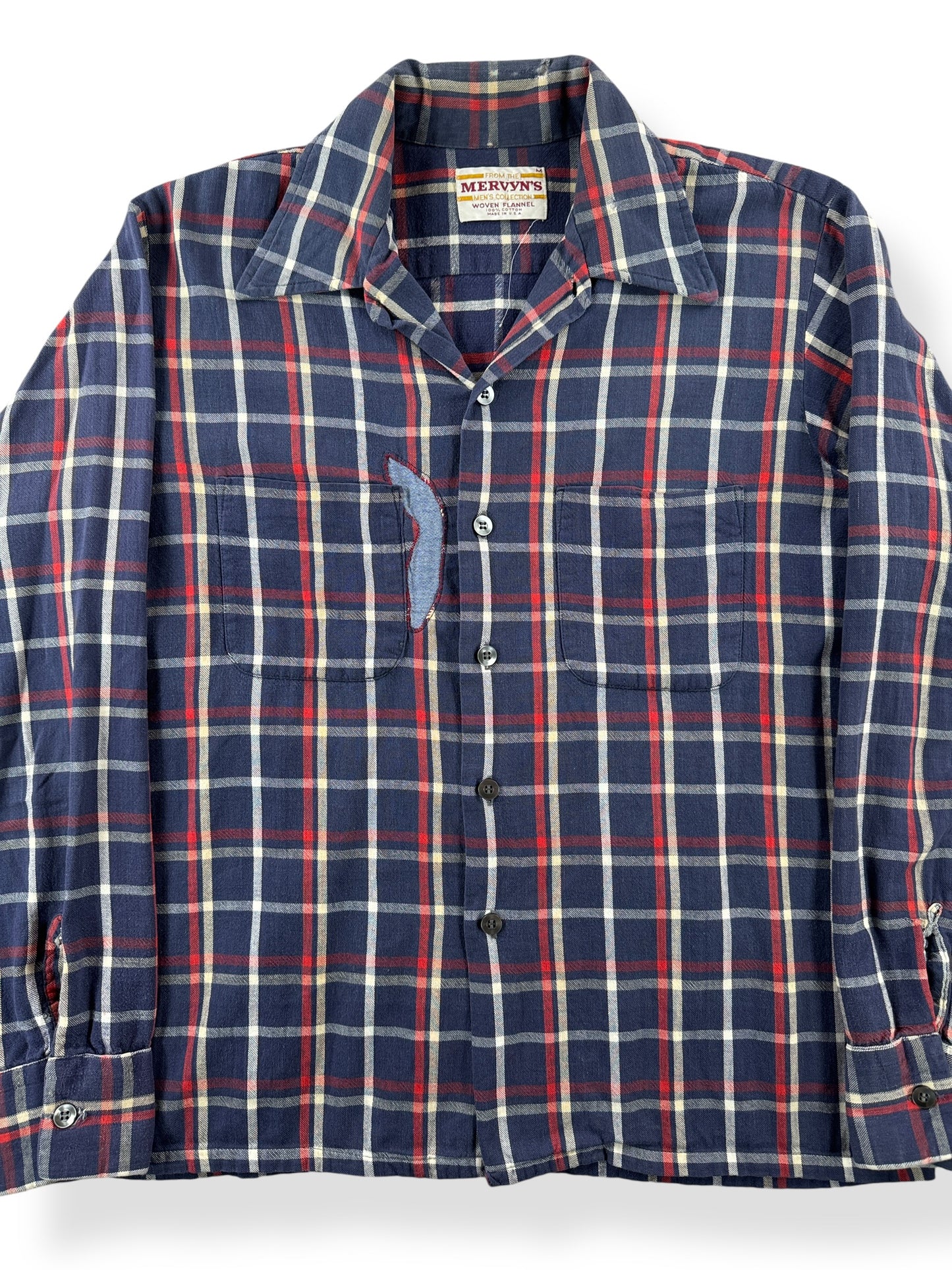 Front Close Up of Vintage Mervyn's Repaired Cotton Flannel SZ M