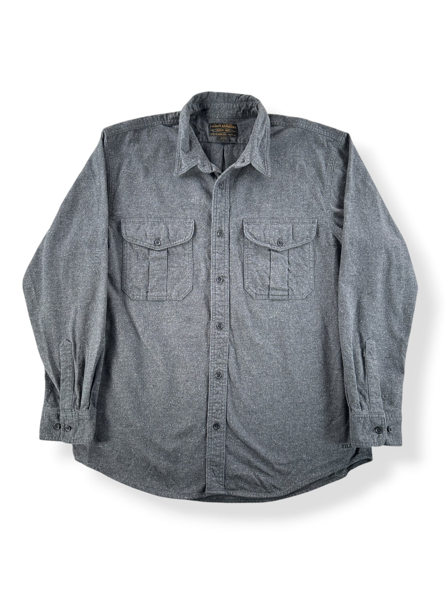 Front of Filson Dark Heather Grey Alaska Guide Shirt SZ L