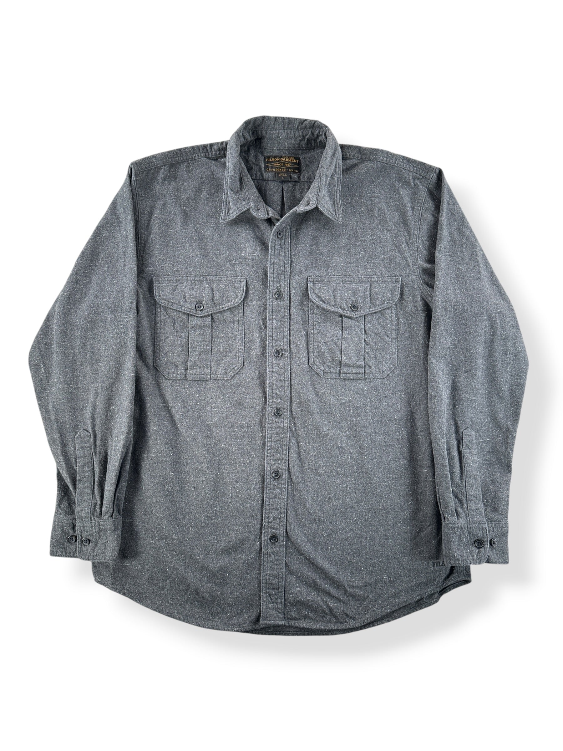 Front of Filson Dark Heather Grey Alaska Guide Shirt SZ L