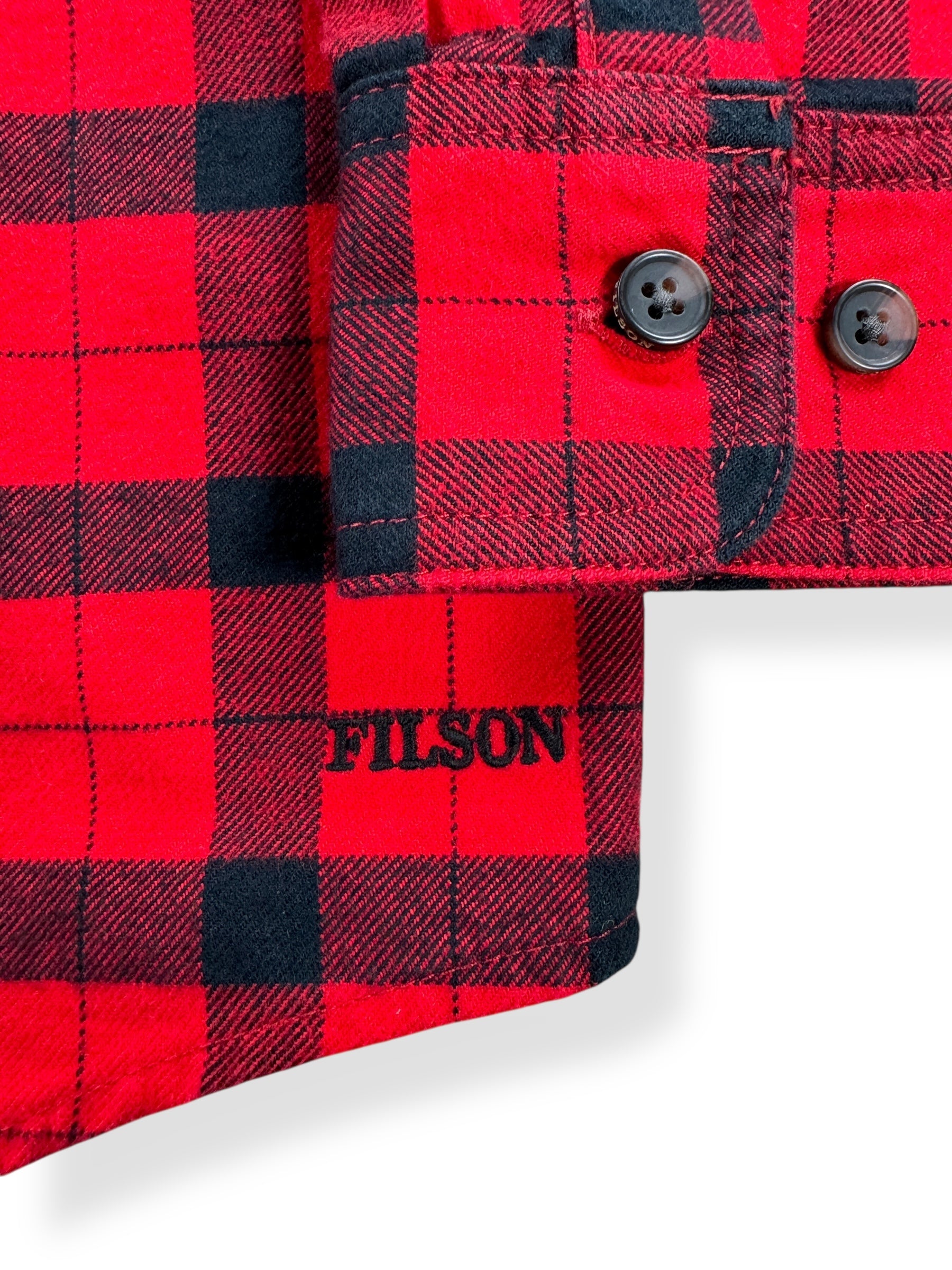 Embroidery on Filson Red & Black Alaskan Guide Shirt SZ L