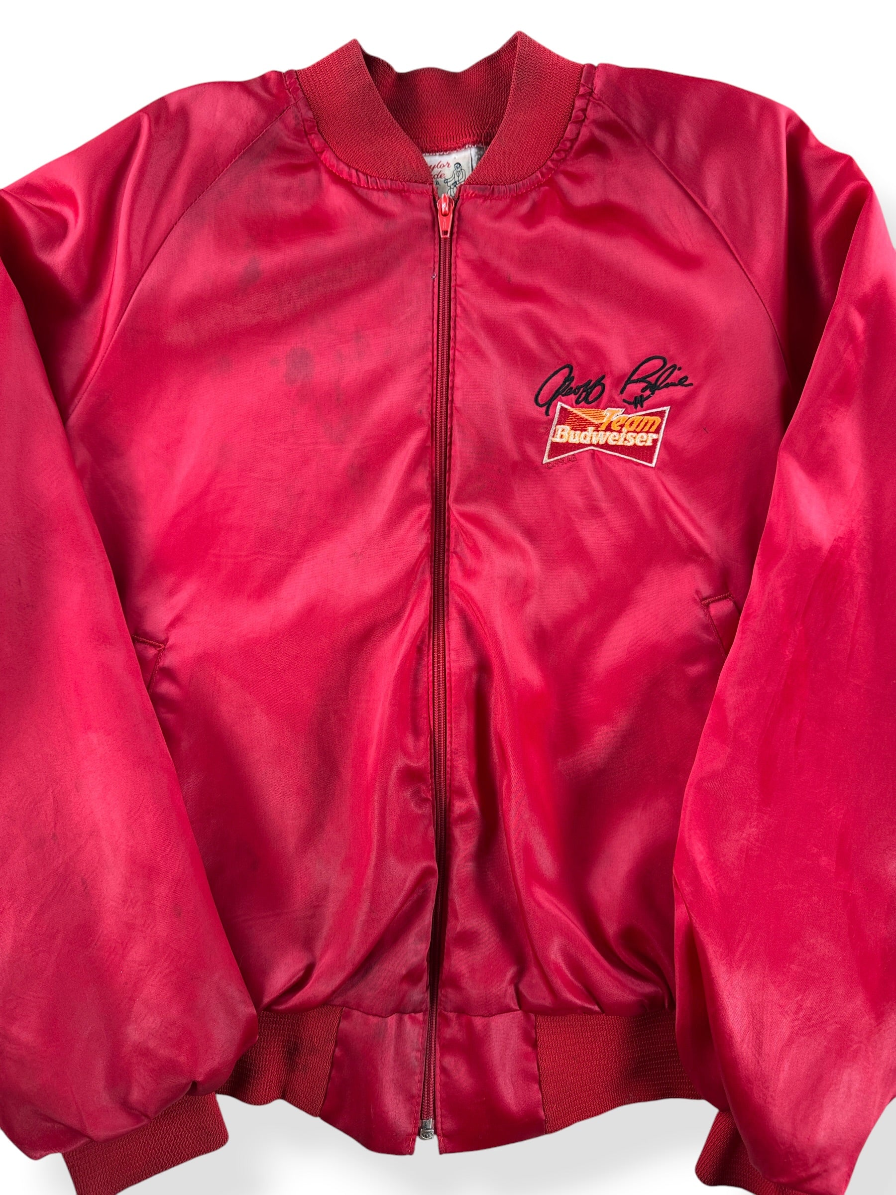Close-up of Vintage Geoff Bodine Team Budweiser Nylon Jacket SZ S - AS IS