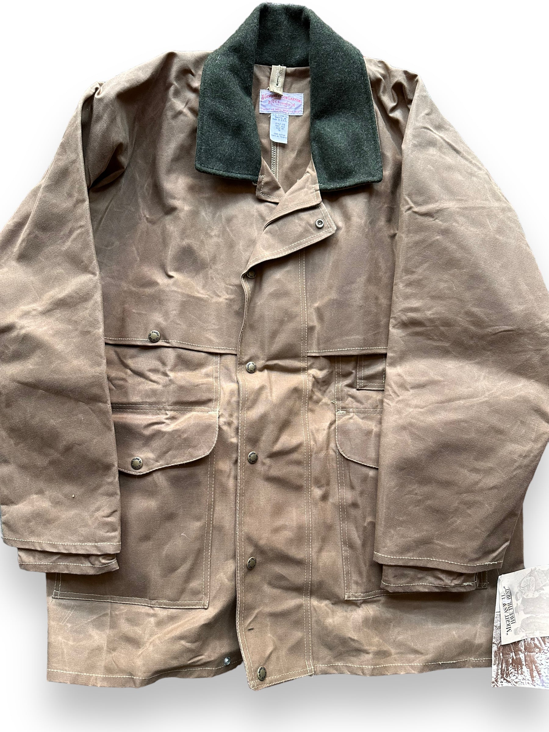Front Detail on Vintage NOS Filson Tin Cloth Packer Coat SZ 44 |  Barn Owl Vintage Goods Filson | Vintage Filson Workwear Seattle