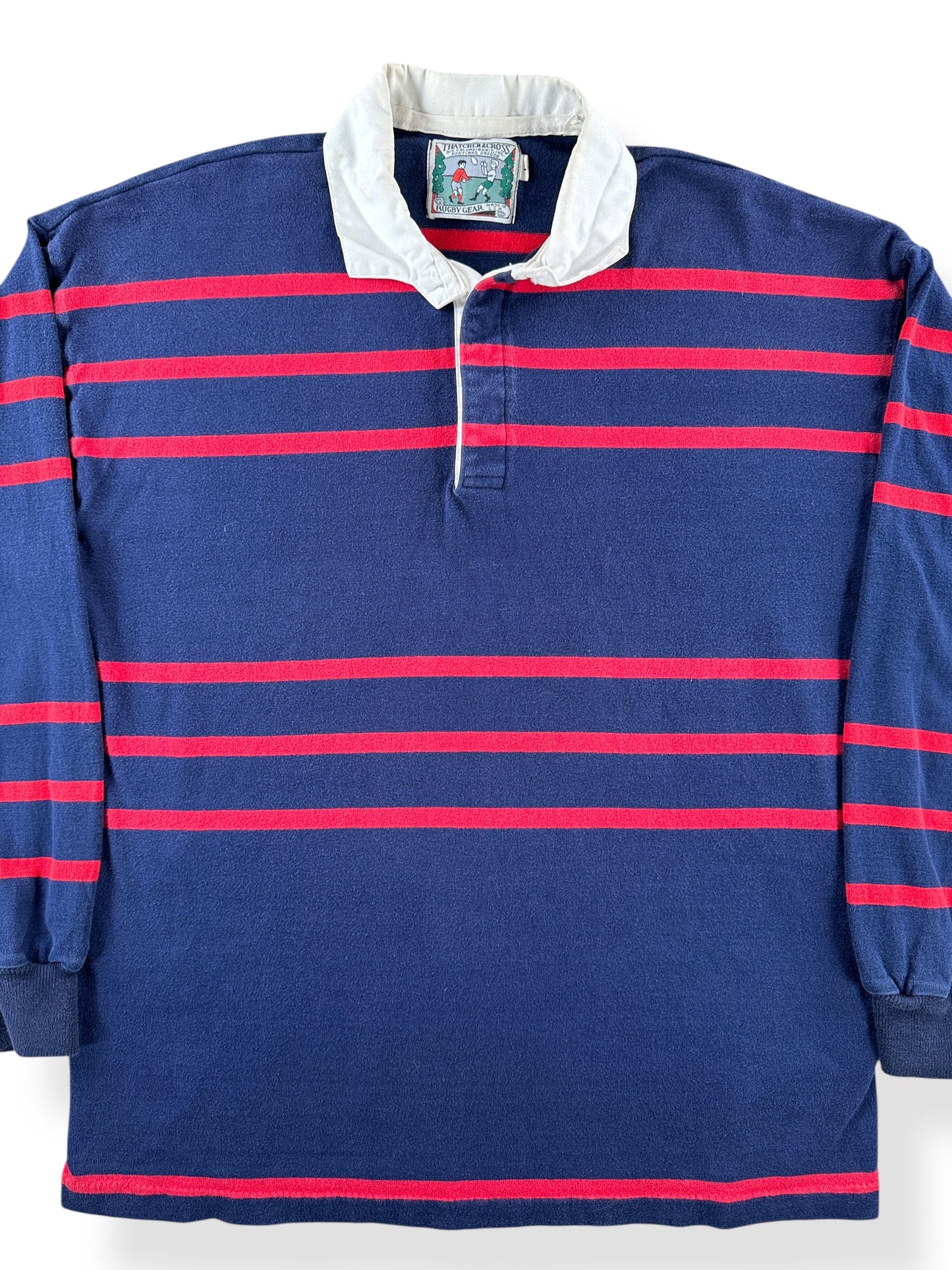 Front Close Up of Vintage Thatcher & Cross Rugby Shirt SZ L