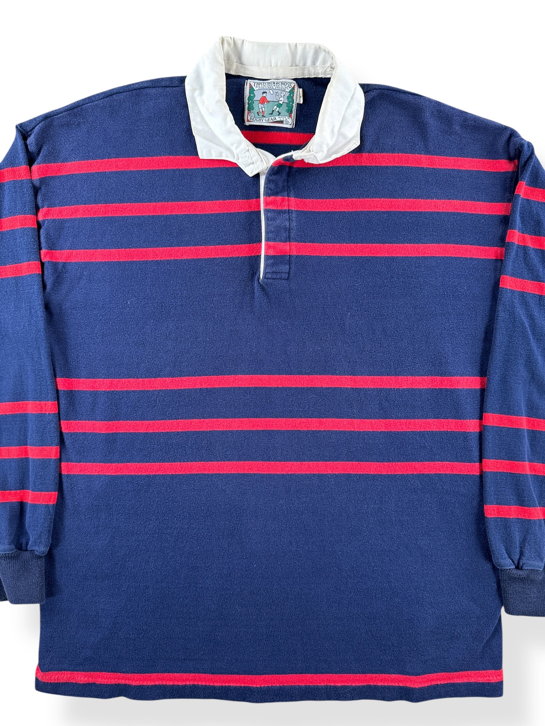 Front Close Up of Vintage Thatcher & Cross Rugby Shirt SZ L