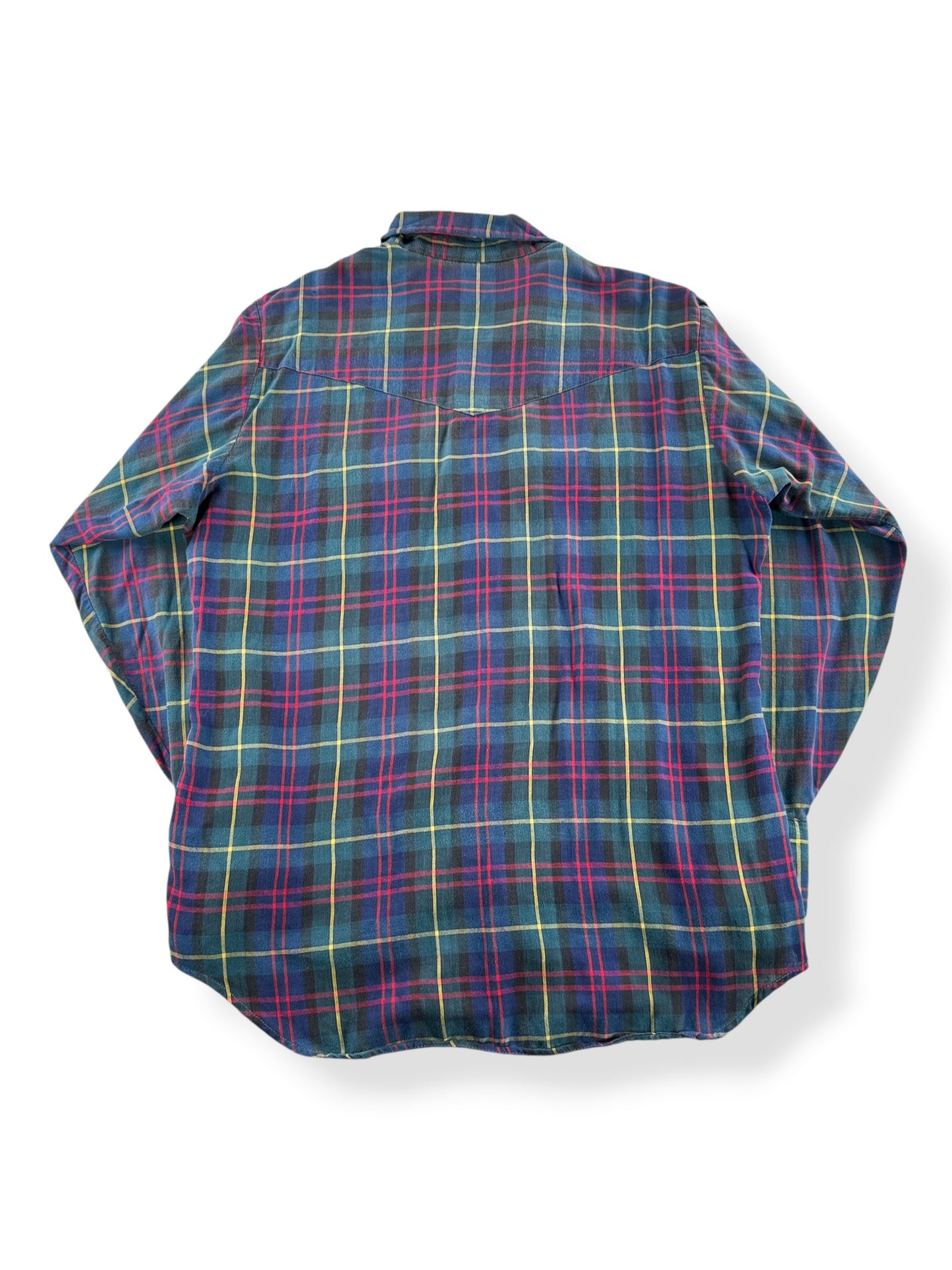 Back of Vintage Ely Plains Rider Flannel Pearlsnap SZ 16 1/2