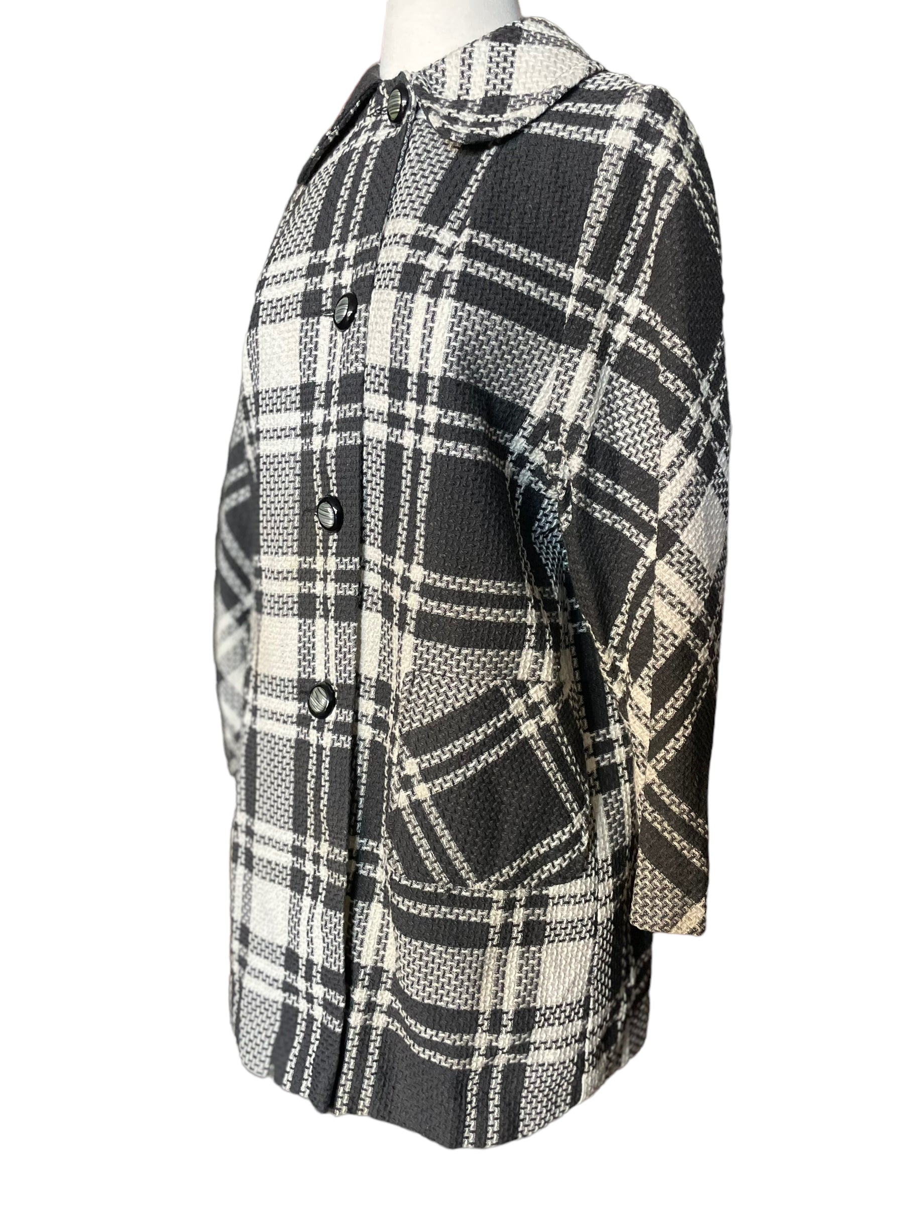Left side full view of Vintage 1960s Black and White Plaid Coat | Barn Owl Ladies Coats | Seattle True Vintage