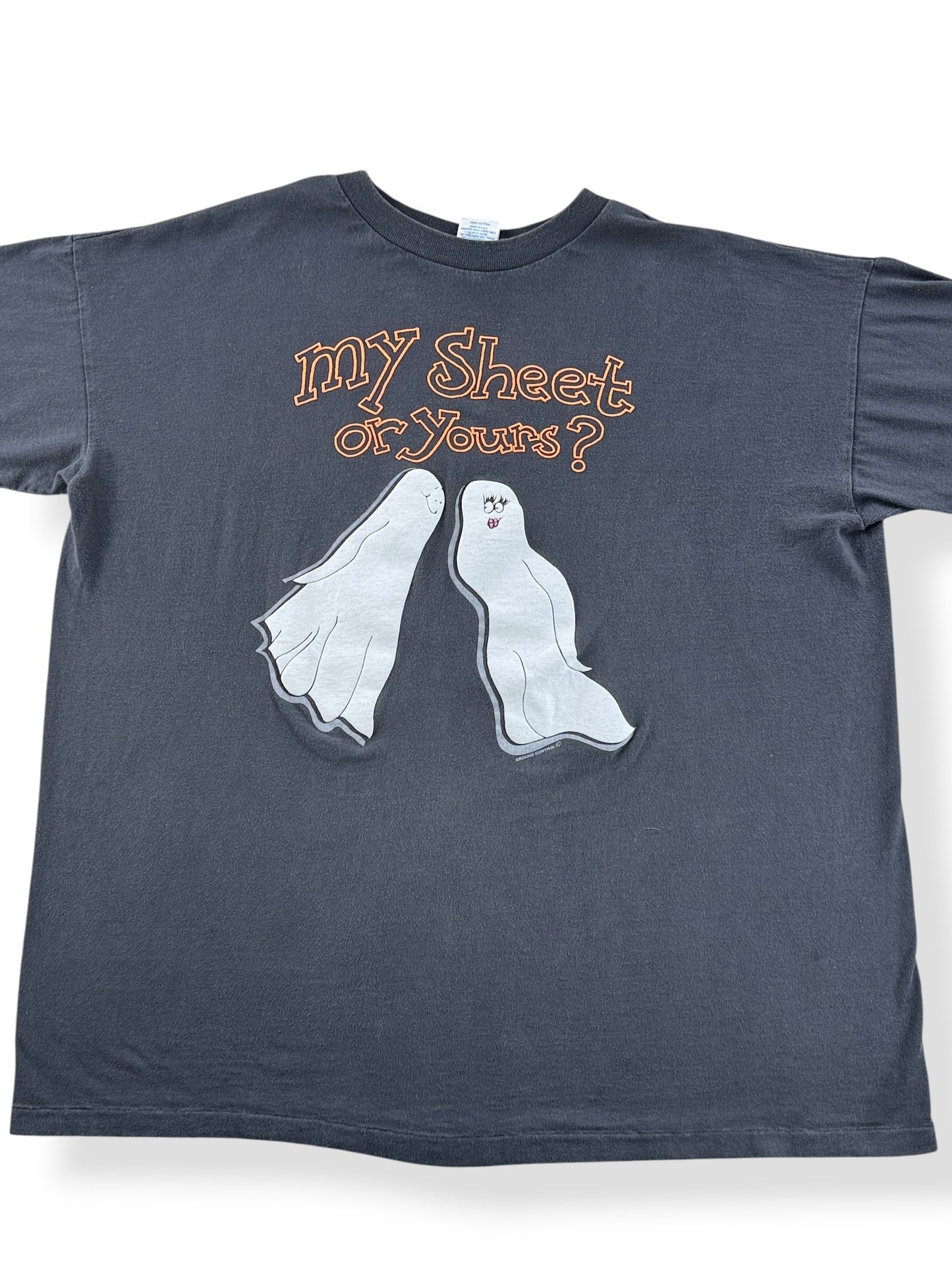 Front Close Up of Vintage My Sheet or Yours Halloween Tee SZ XL