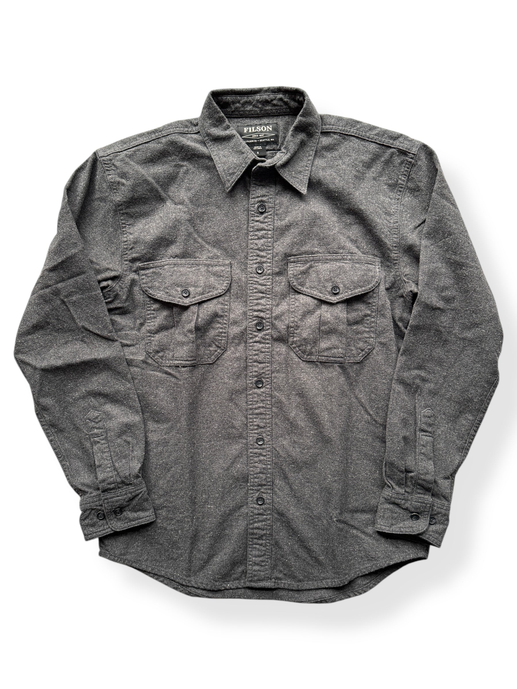 Front of Filson Dark Heather Grey Alaskan Guide Shirt SZ S