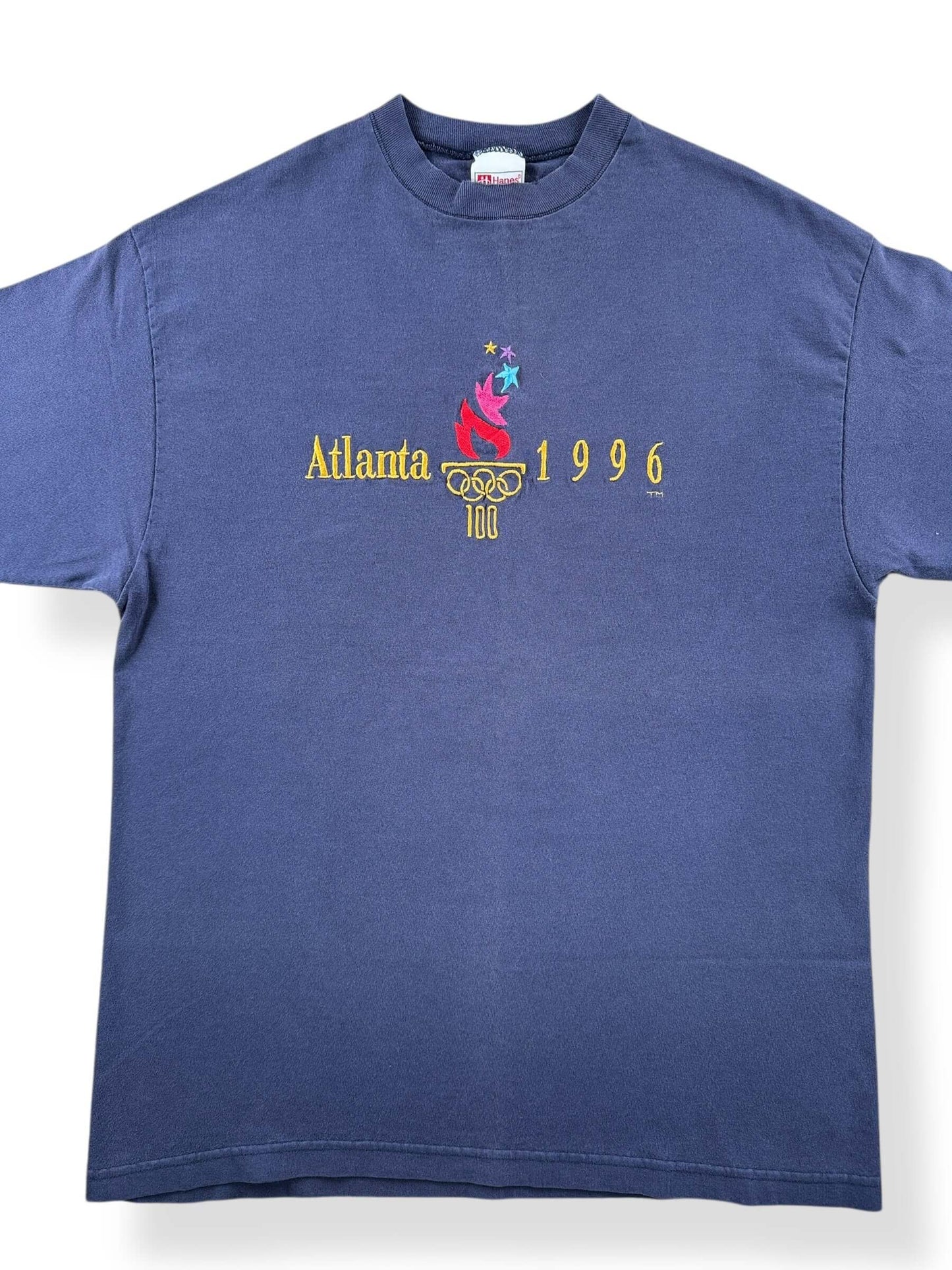 Front Close Up of Vintage '96 Atlanta Olympics Tee SZ XL