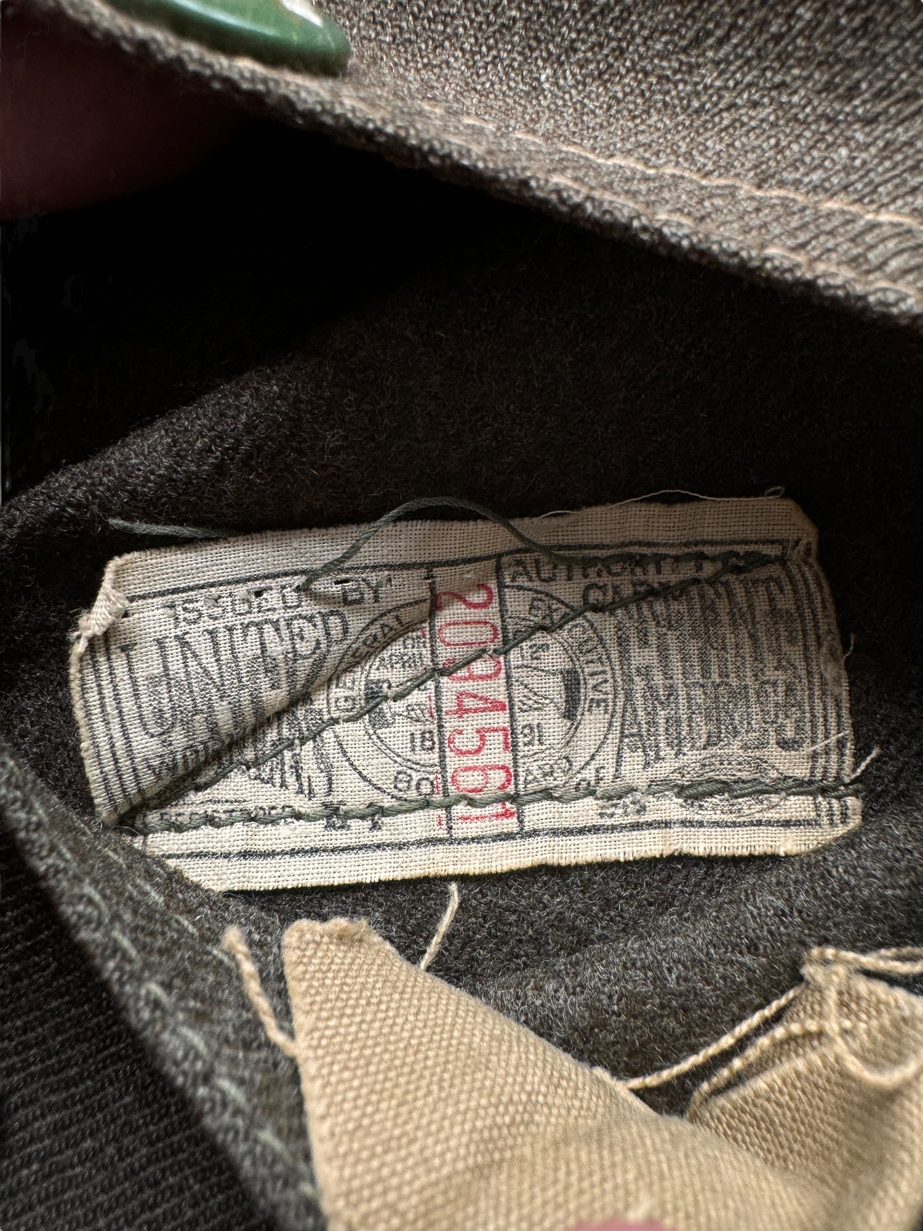 union made tag on inside of top right pocket on Vintage 1920s-30s Era FilClo Filson Forestry Cloth Cruiser SZ S