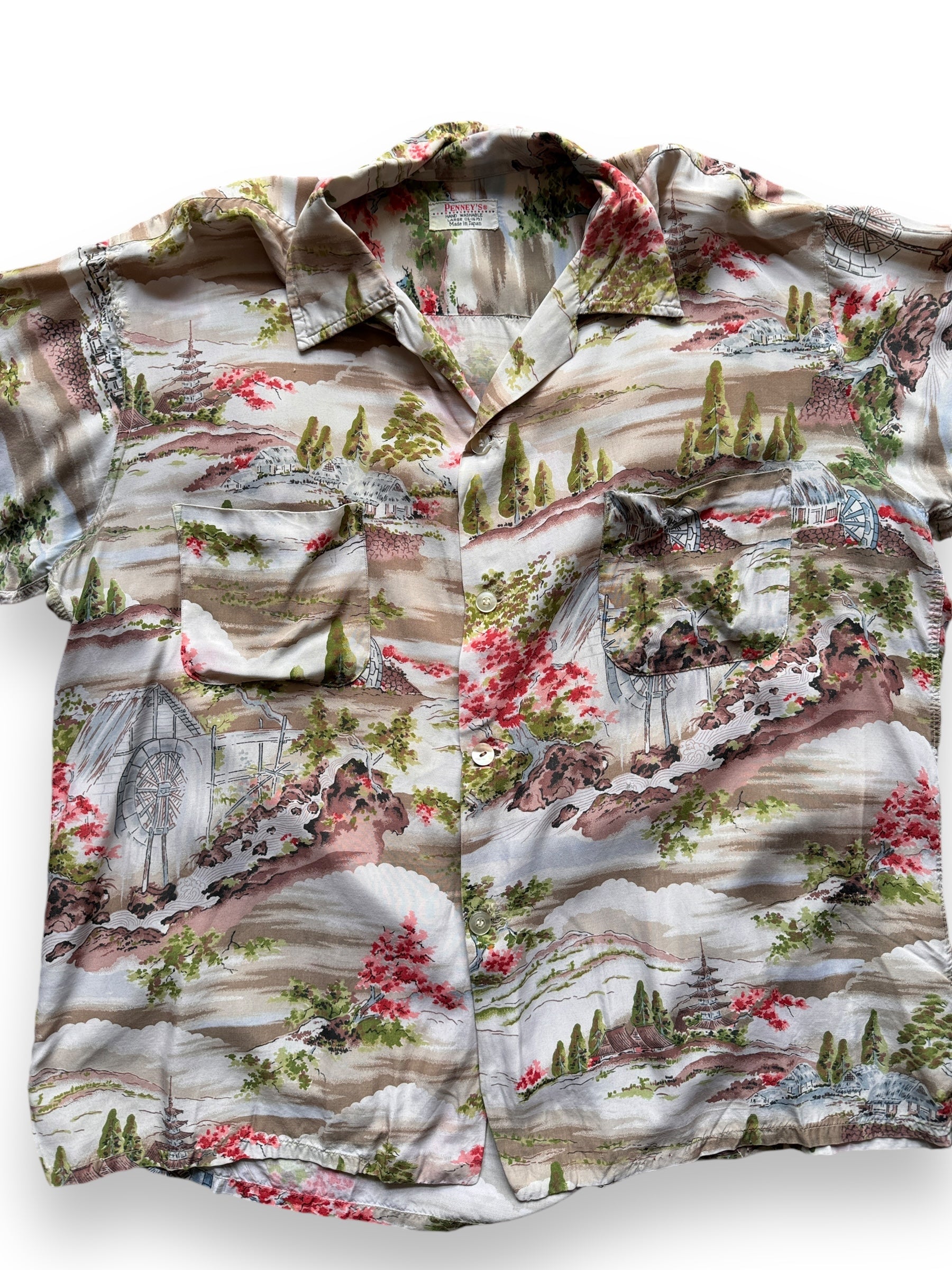 front close up of Vintage Penney's Made in Japan Watermill Design Aloha Shirt SZ L