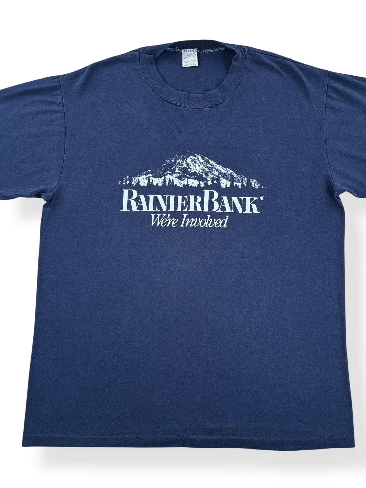 Front Close Up of Vintage Rainier Bank Tee SZ L