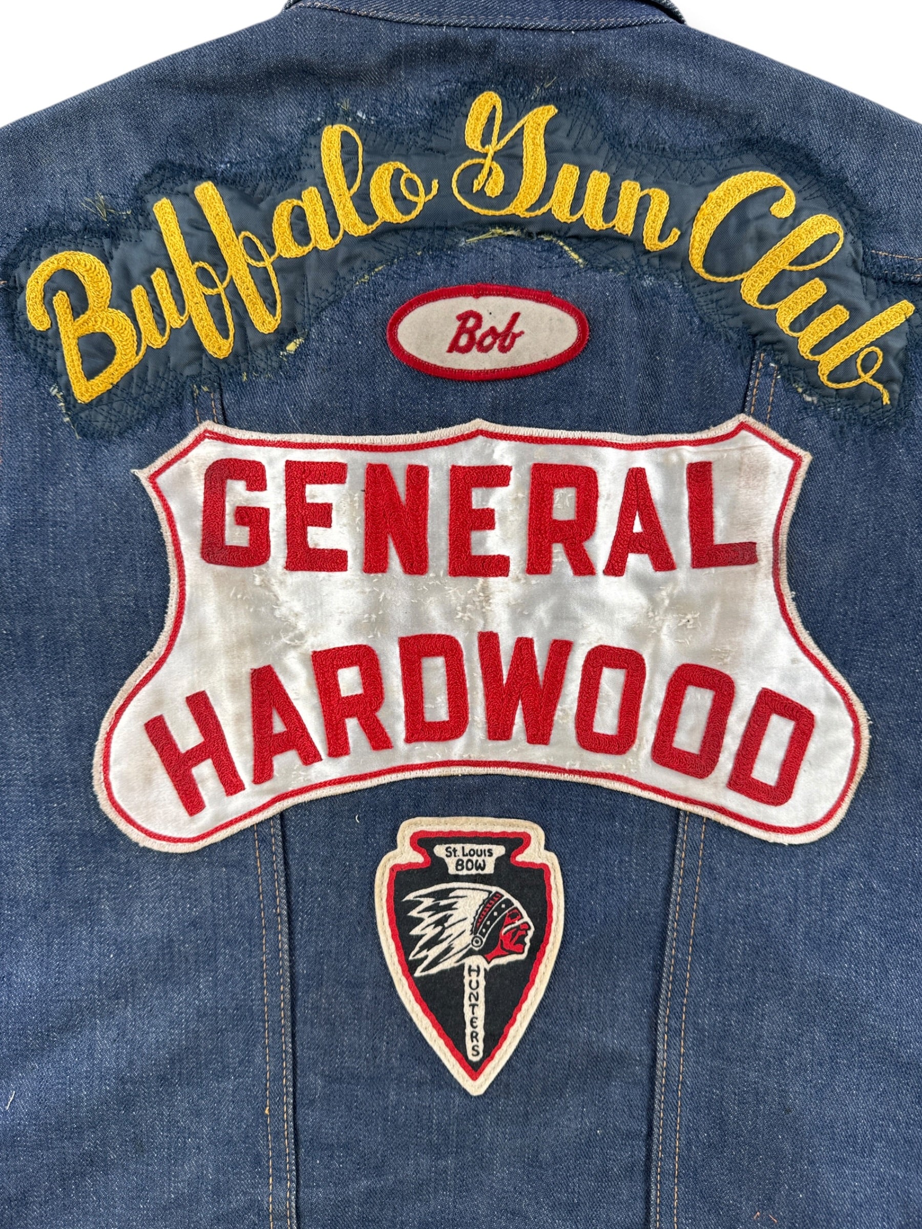 Back patches on Vintage 60s Dark Wash Wrangler Biker Vest SZ 40