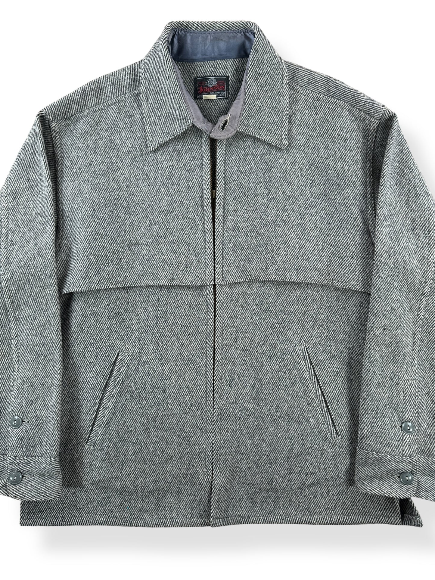 Front Close Up of Vintage Johnson Woolen Mills Grey Herringbone Jacket SZ XL