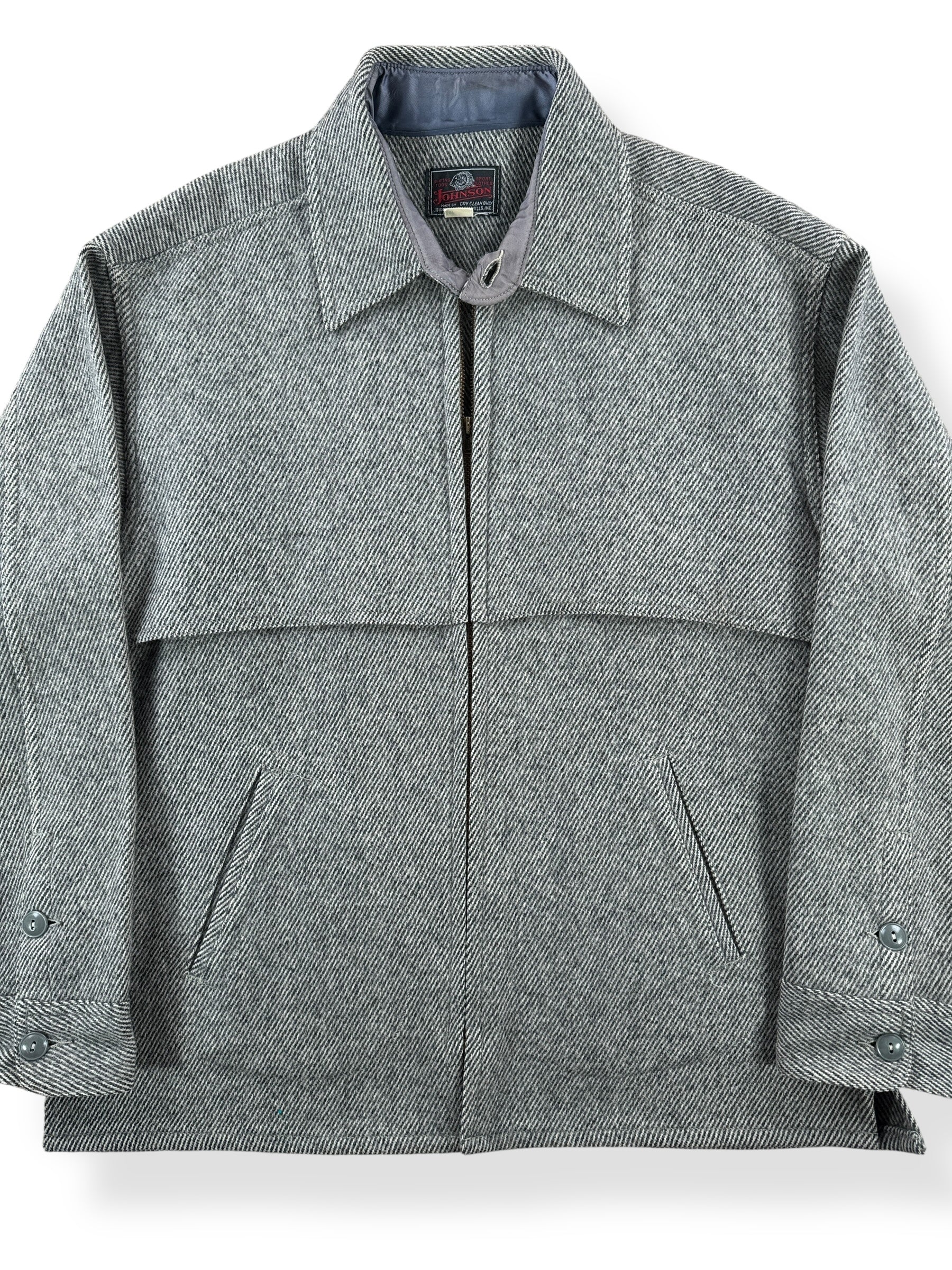 Front Close Up of Vintage Johnson Woolen Mills Grey Herringbone Jacket SZ XL