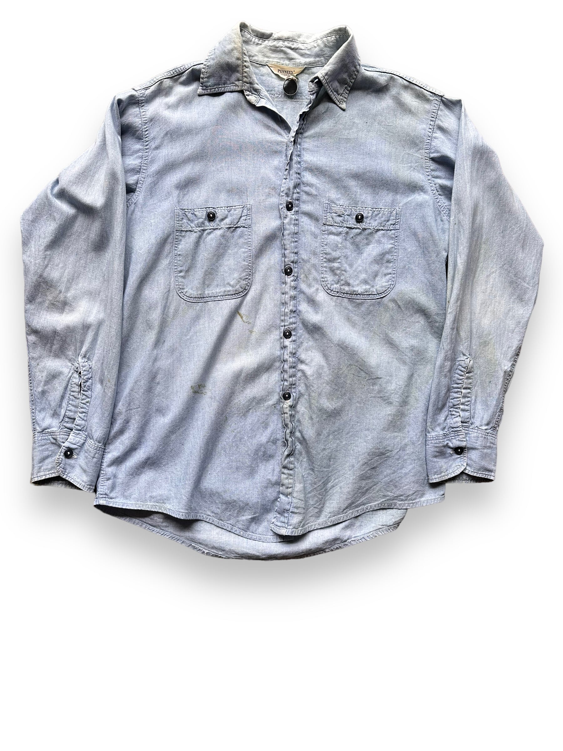 Front View of Vintage Penney's 100% Cotton Chambray Shirt SZ L | Vintage Chambray Work Shirt Seattle | Vintage Clothing Seattle