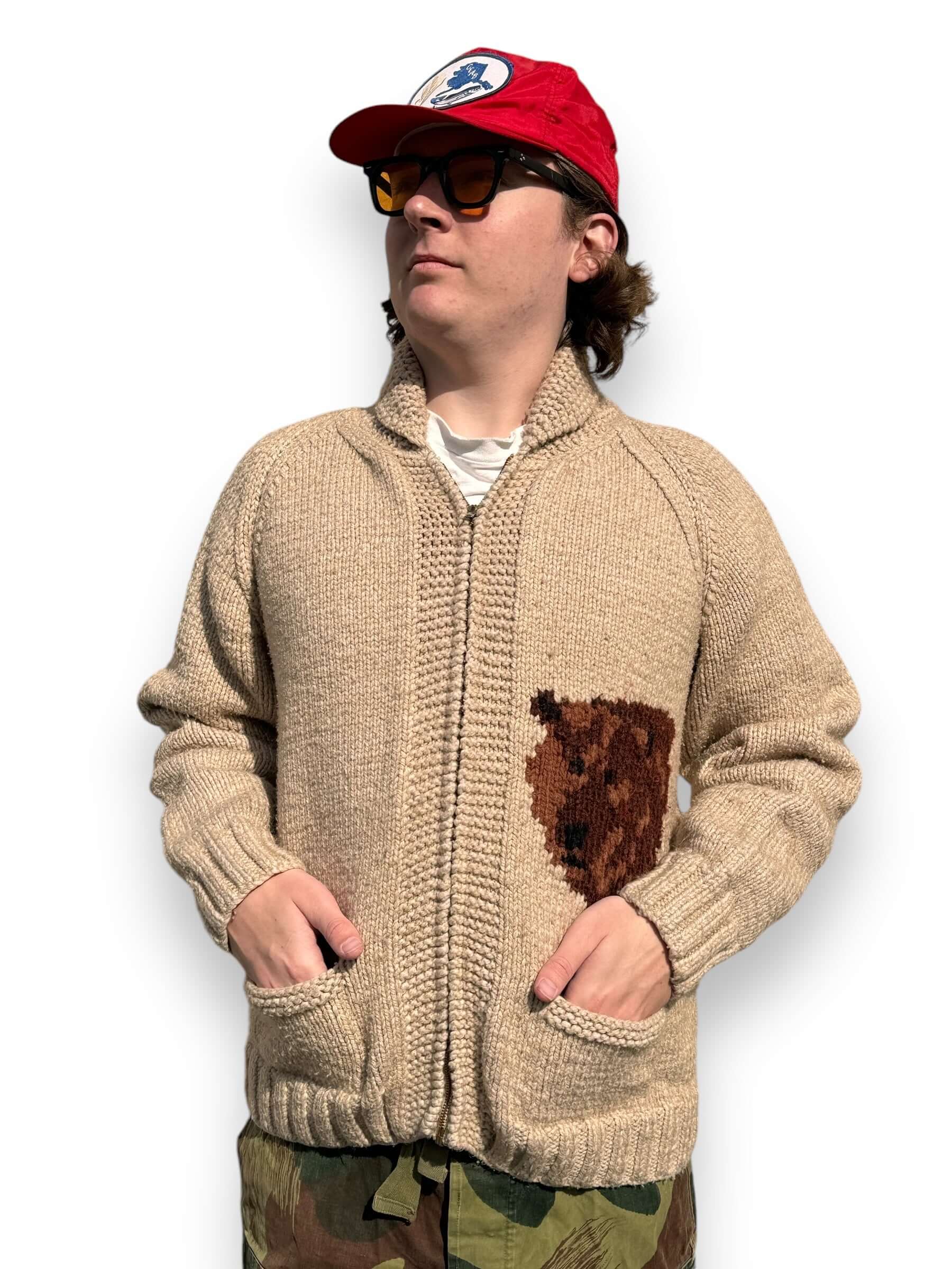 Front View of Vintage Bear Themed Cowichan Sweater SZ L