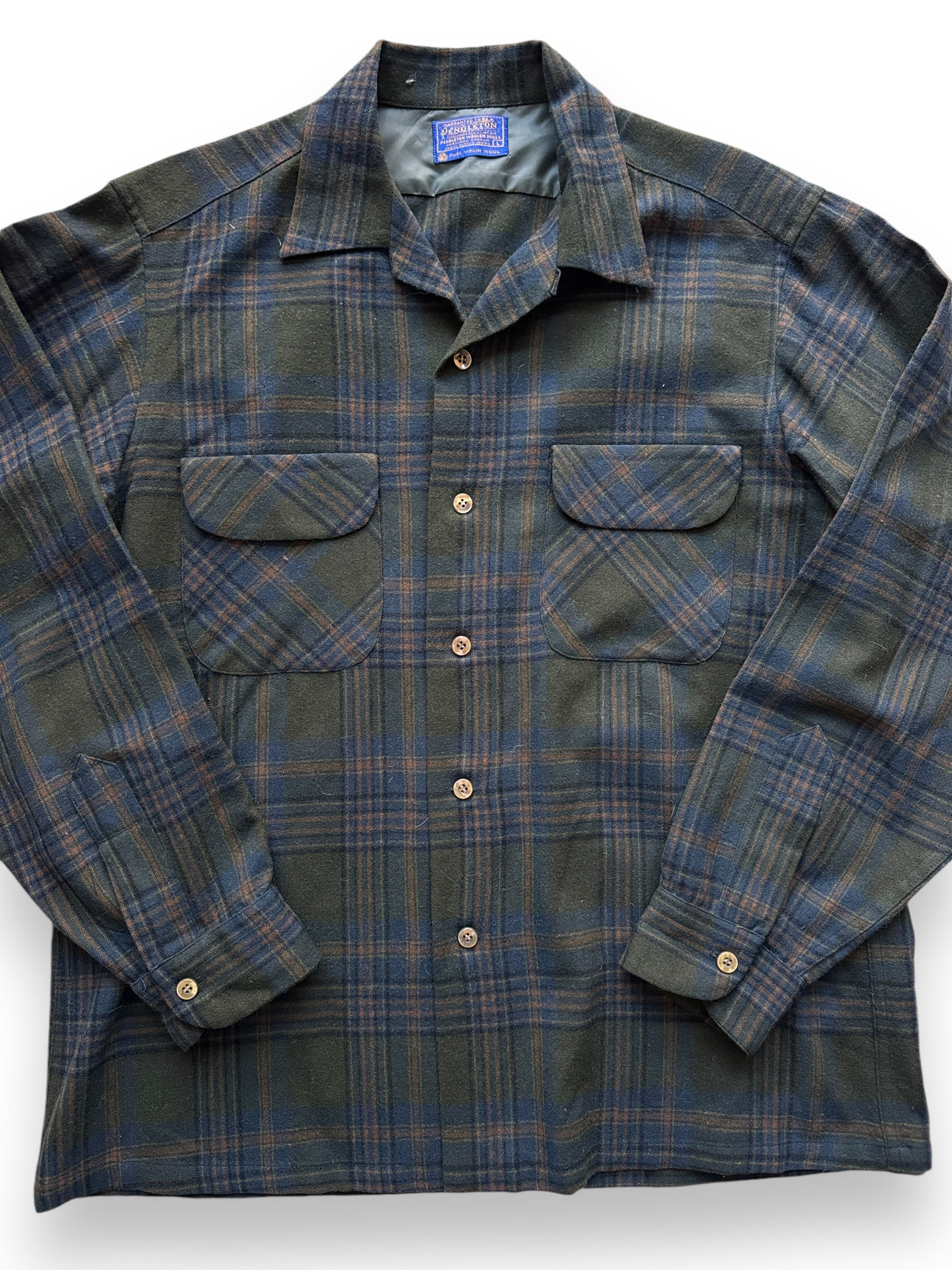 front close up of Vintage Pendleton Olive/Blue/Brown Board Shirt SZ L