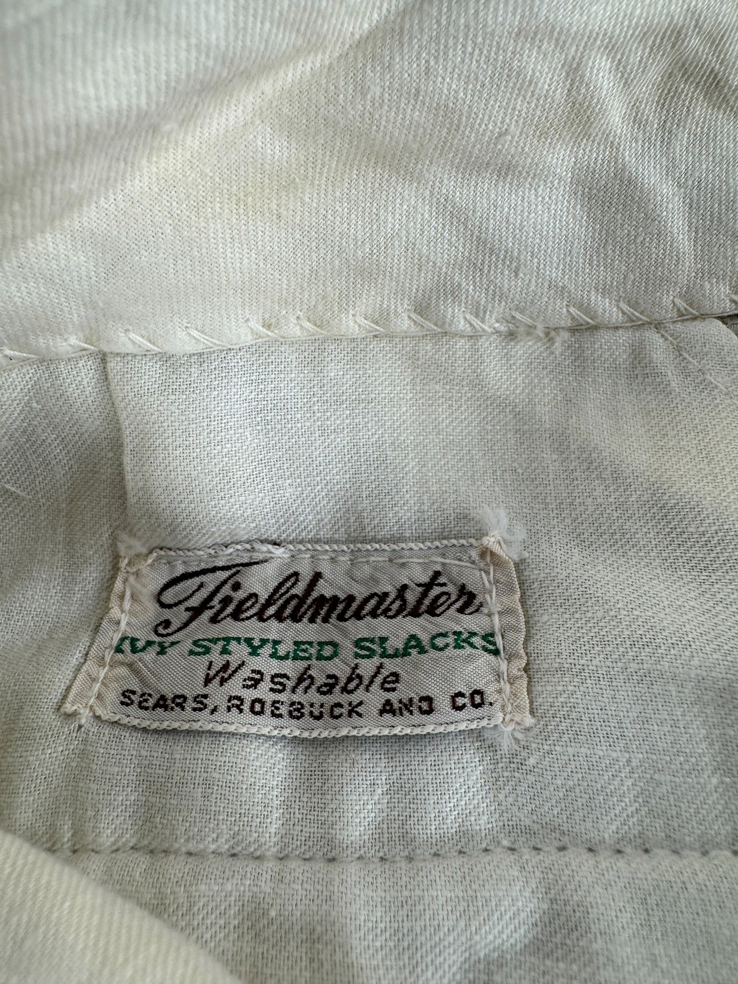 Label on Vintage Fieldmaster Piqued Cotton Side Synch Trousers W33