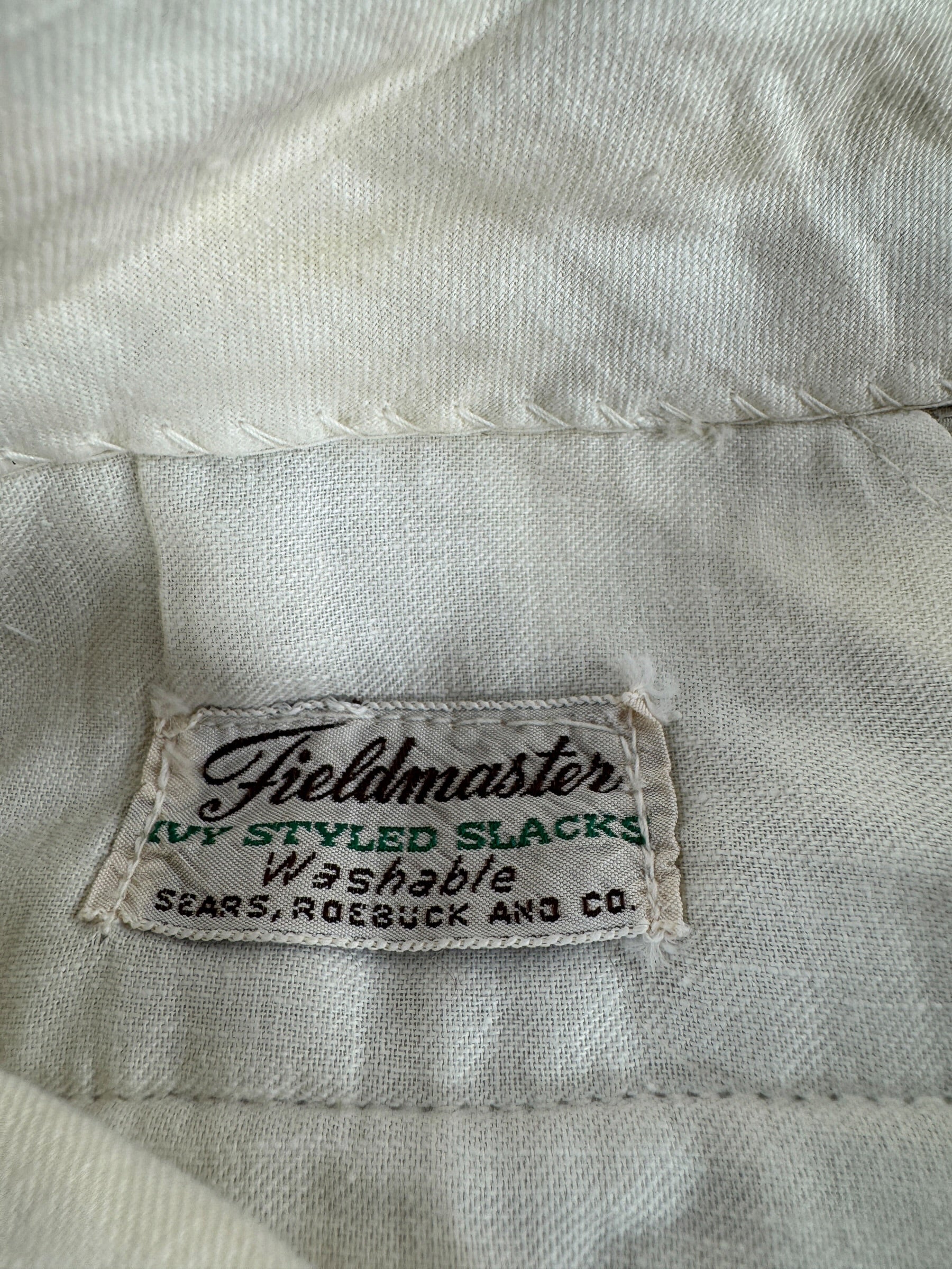 Label on Vintage Fieldmaster Piqued Cotton Side Synch Trousers W33