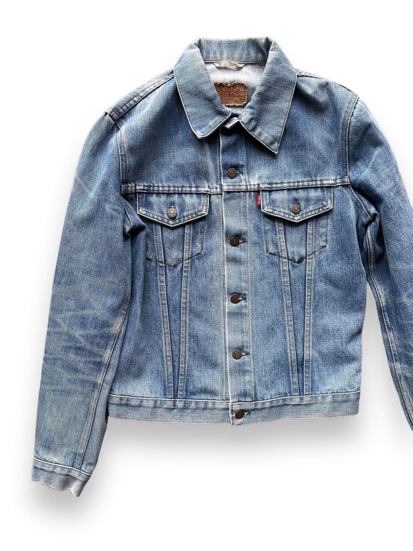 Front Right View of Vintage Levi's Crafty Trucker Jacket SZ 40 | Seattle Vintage Denim