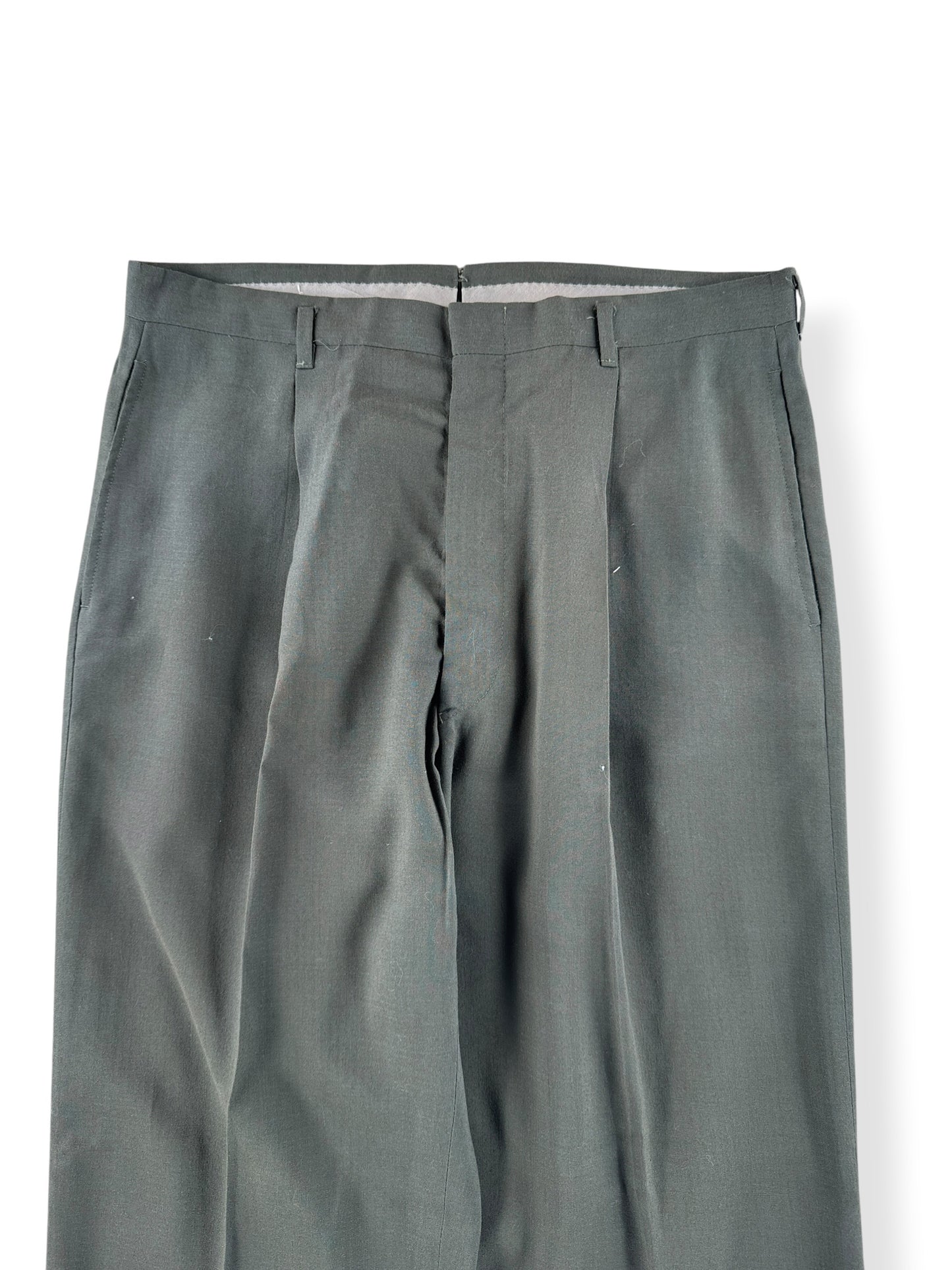 Front Close Up of Vintage Olive Green Drop Loop Trousers W34