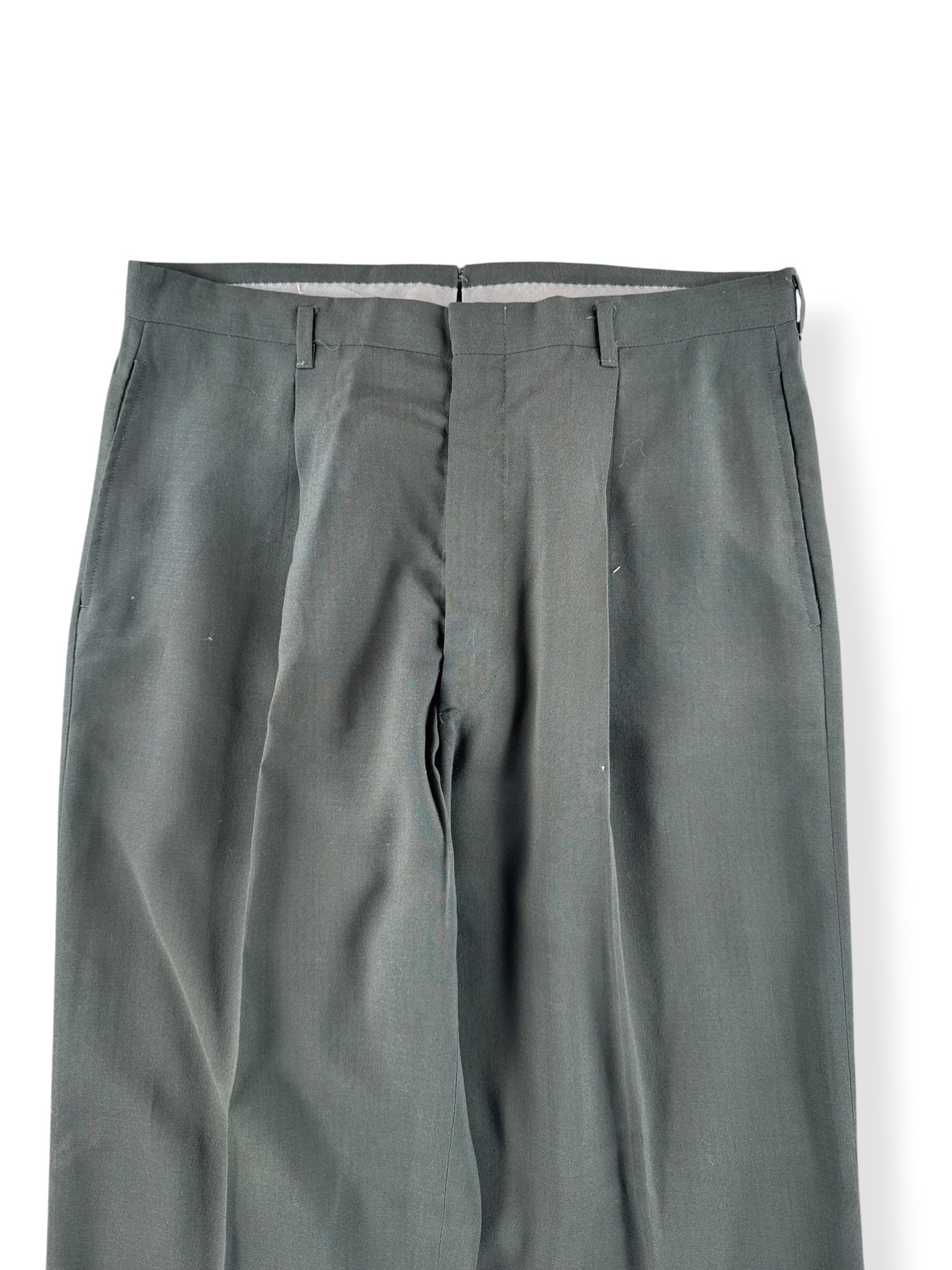 Front Close Up of Vintage Olive Green Drop Loop Trousers W34