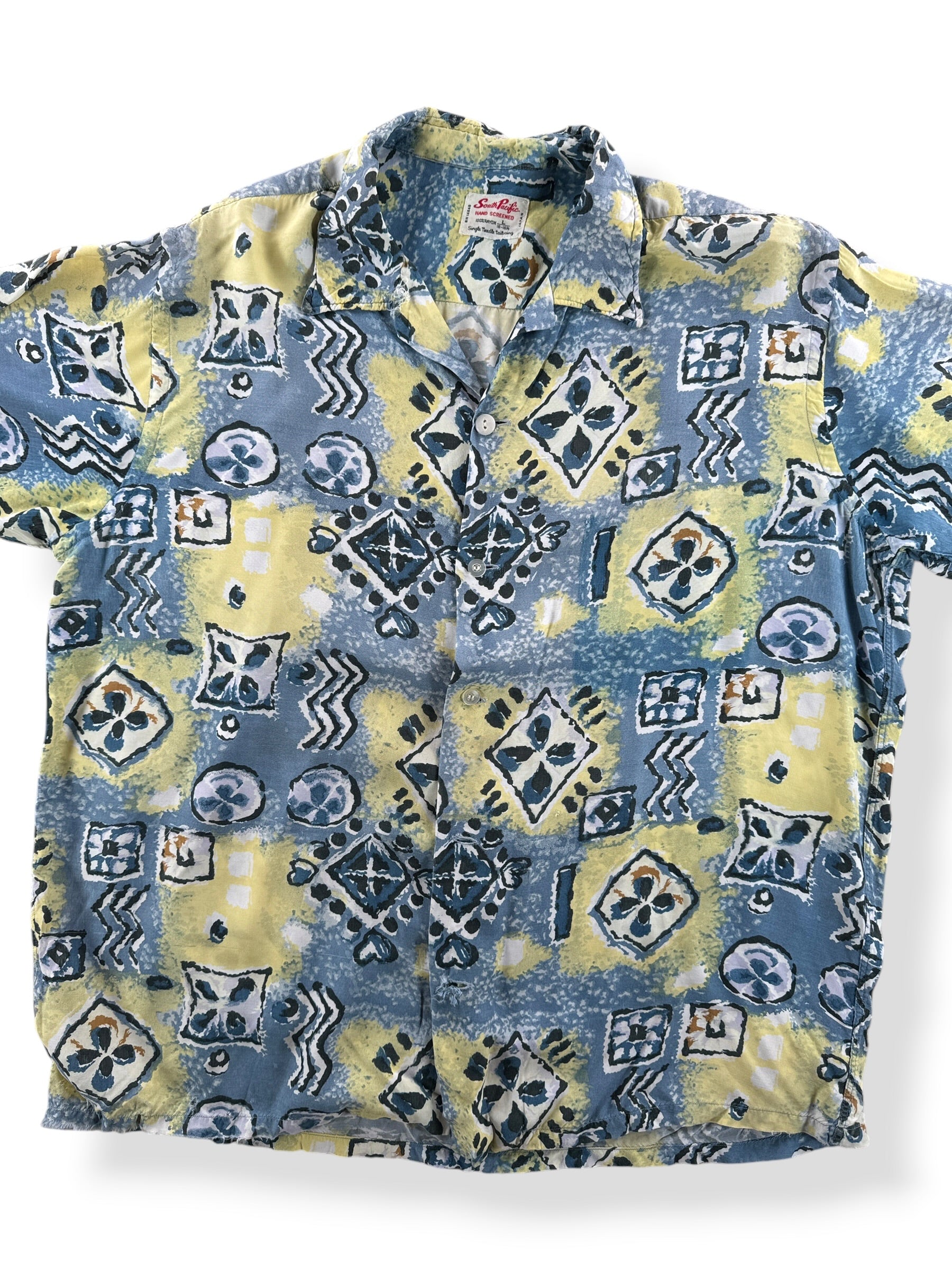 Front Close Up of Vintage South Pacific Rayon Thrasher Aloha Shirt SZ L