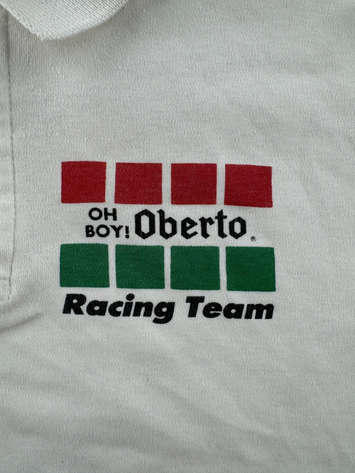 Front graphic on Vintage Oh Boy! Oberto Hydroplane Racing Polo SZ L