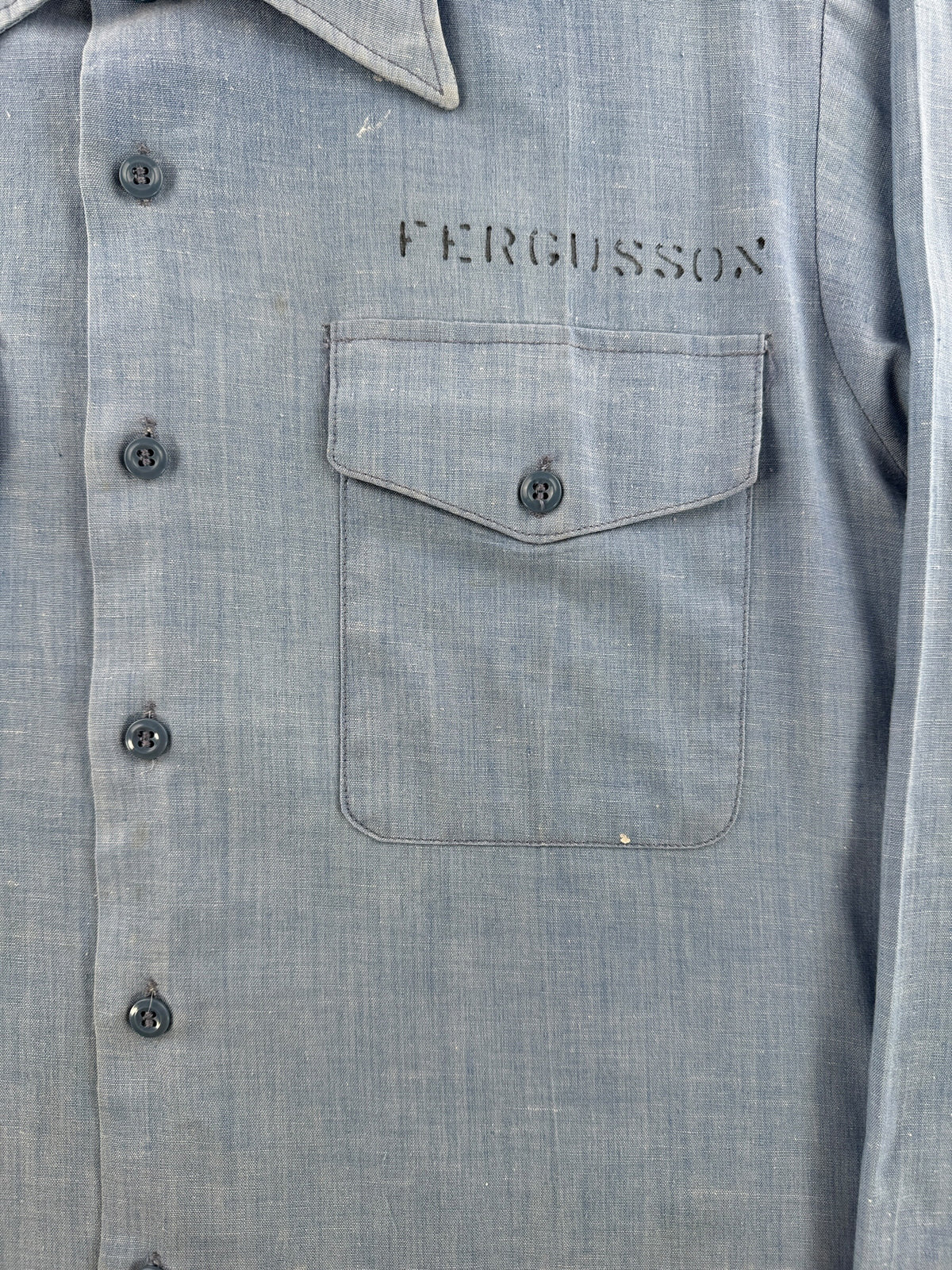 Pocket, Name, and Buttons on Vintage Stenciled Chambray Shirt SZ M