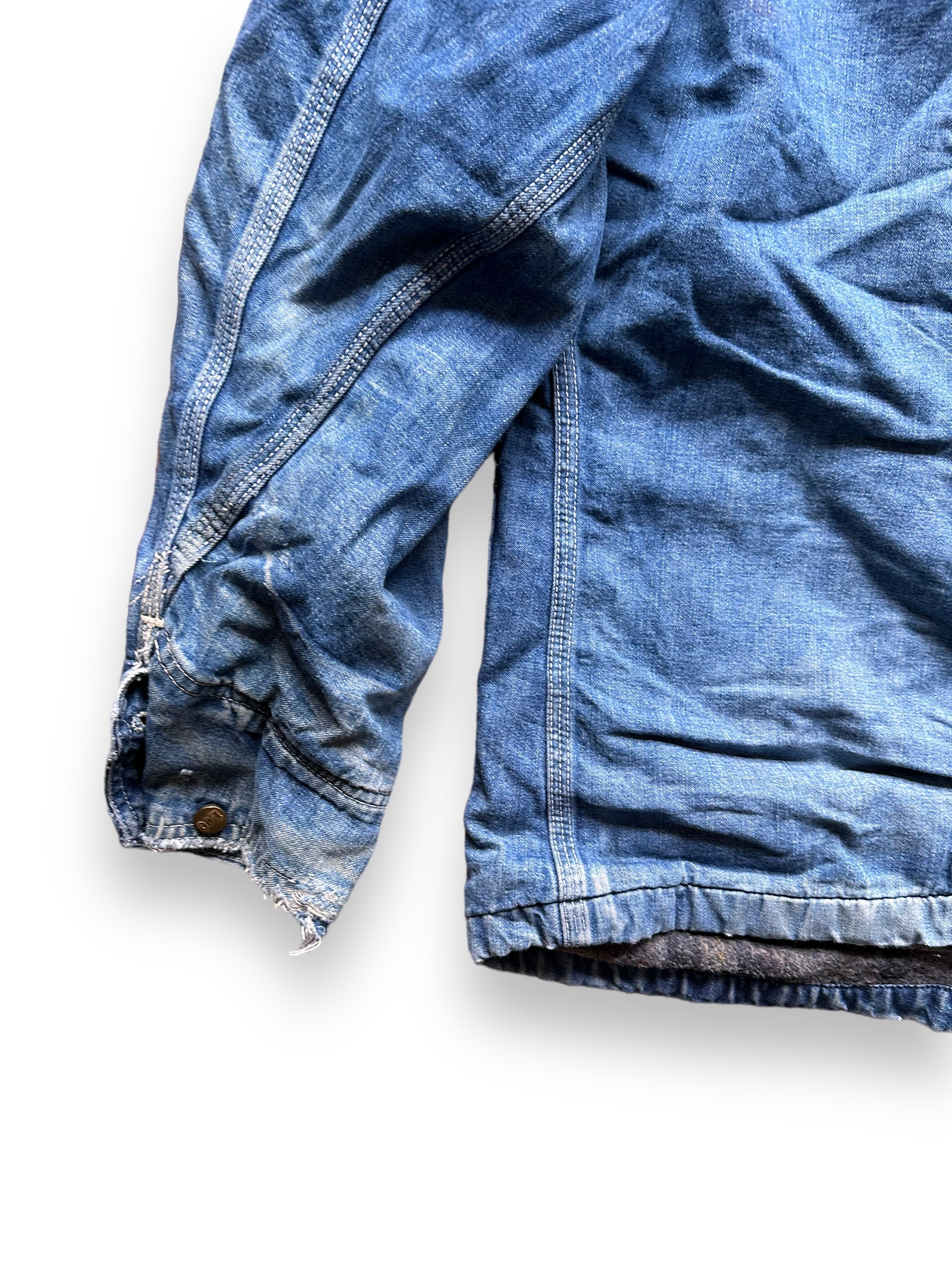 Wear on Left Cuff on Vintage Blanket Lined Lee Denim Chore Jacket SZ XL| Vintage Denim Workwear | Seattle Vintage Workwear