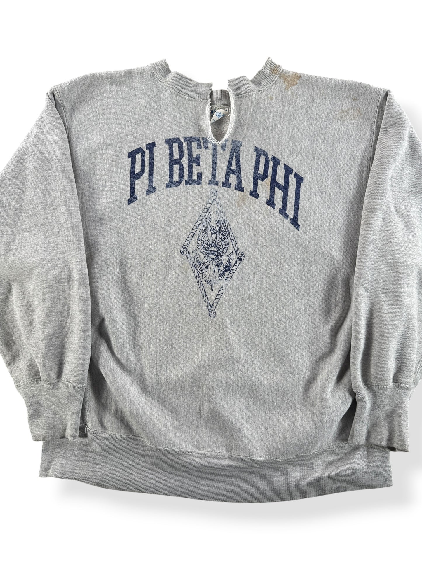 Front Close Up of Vintage 80s Thrashed Frat Champion Reverse Weave Crewneck SZ L