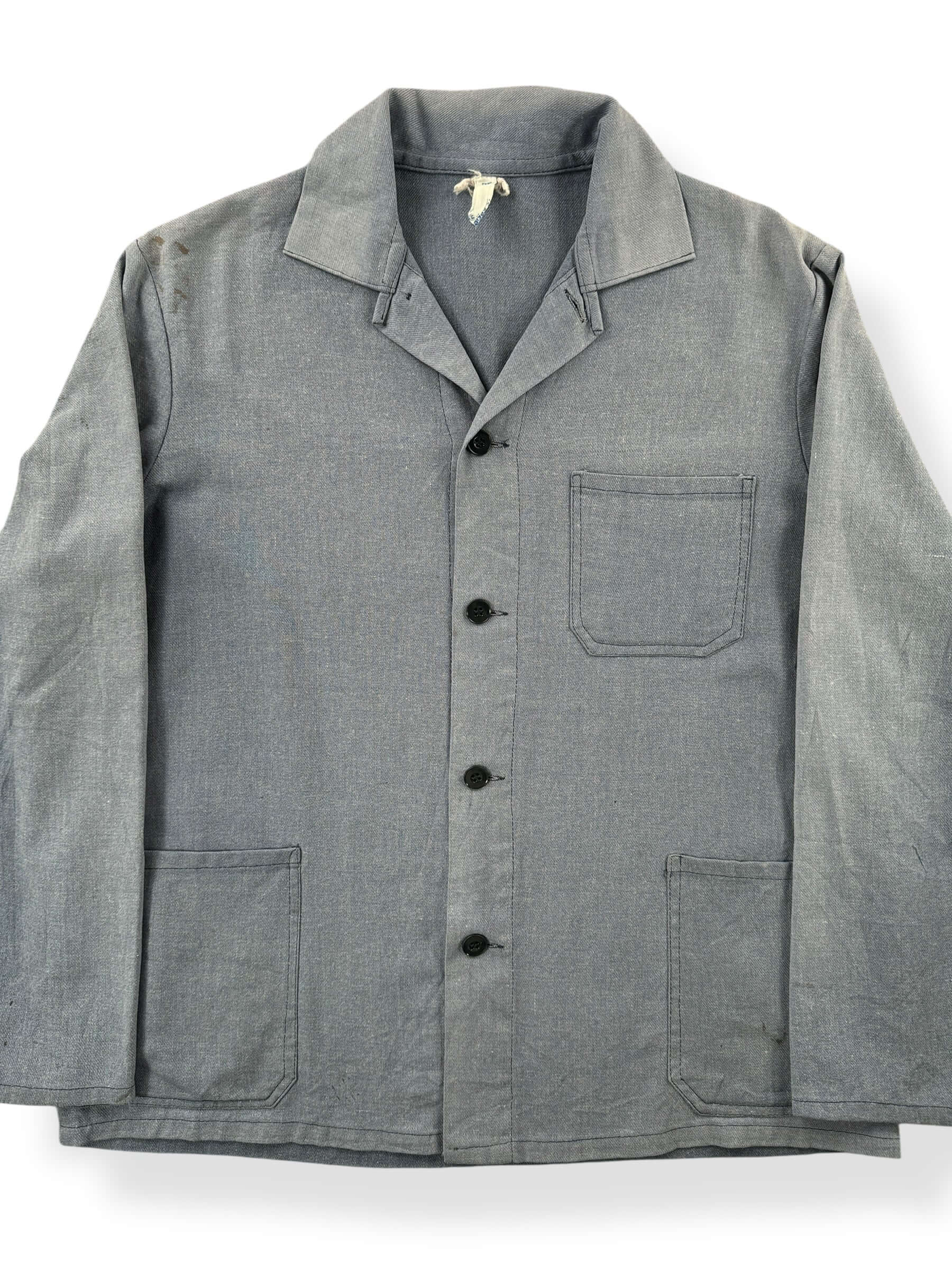Front Close Up of Vintage Faded French Chore Coat SZ L