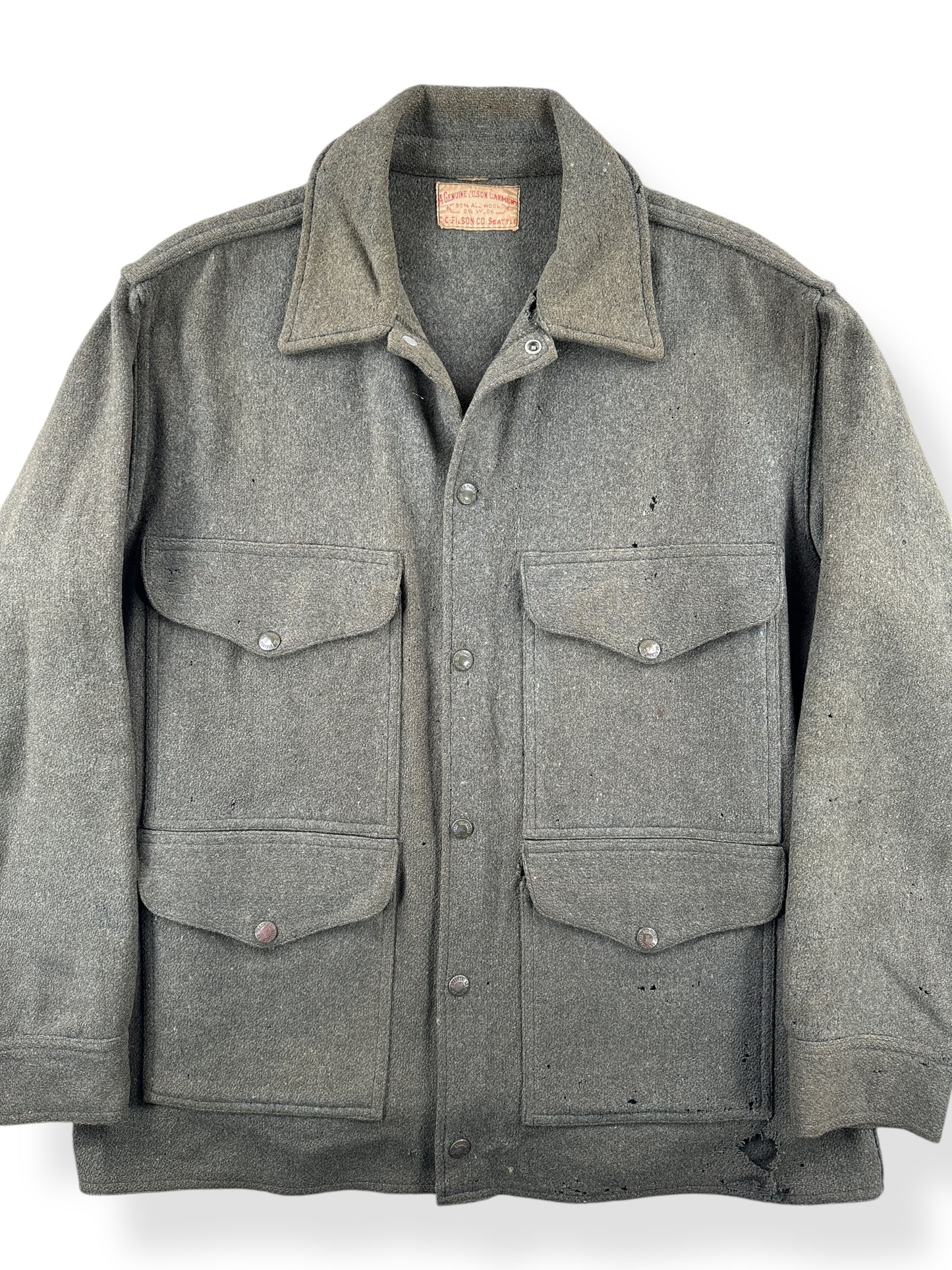 Front Close Up of Vintage Filson Wool/Nylon Blend Jacket SZ L AS IS