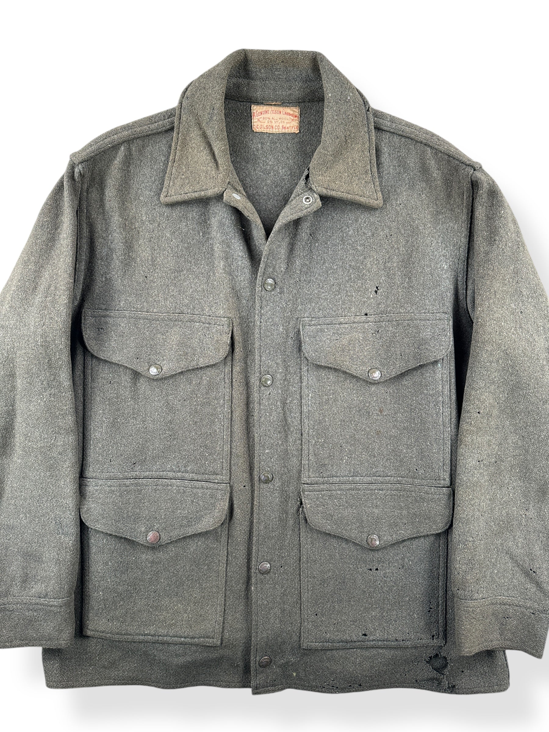 Front Close Up of Vintage Filson Wool/Nylon Blend Jacket SZ L AS IS