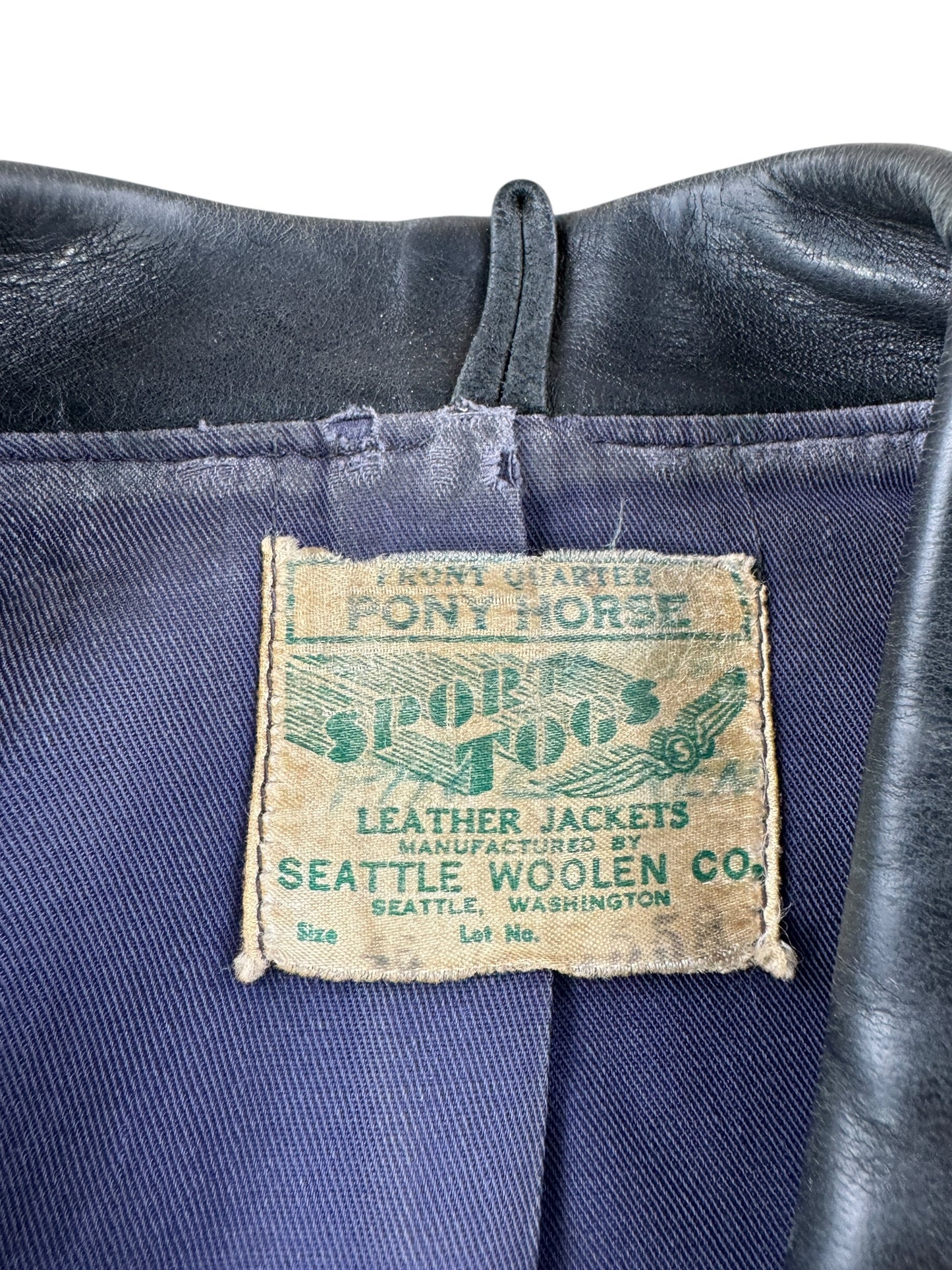 Label on Vintage Sport Togs Police Leather Jacket SZ 46