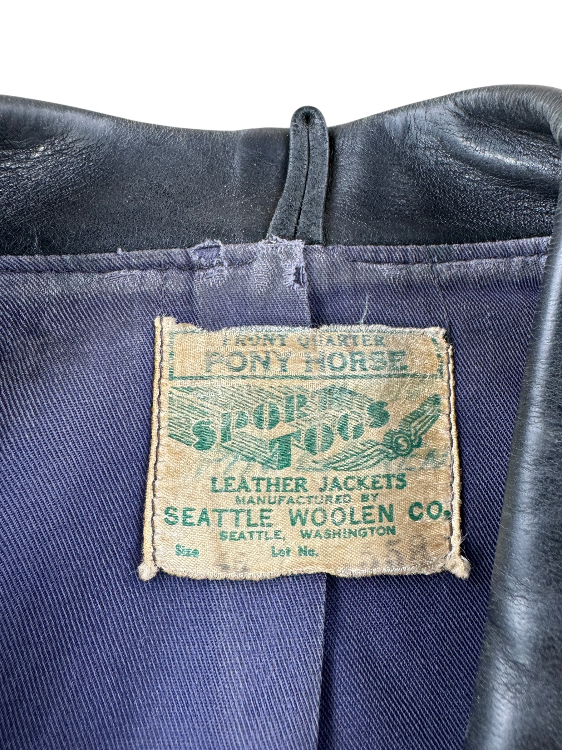 Label on Vintage Sport Togs Police Leather Jacket SZ 46
