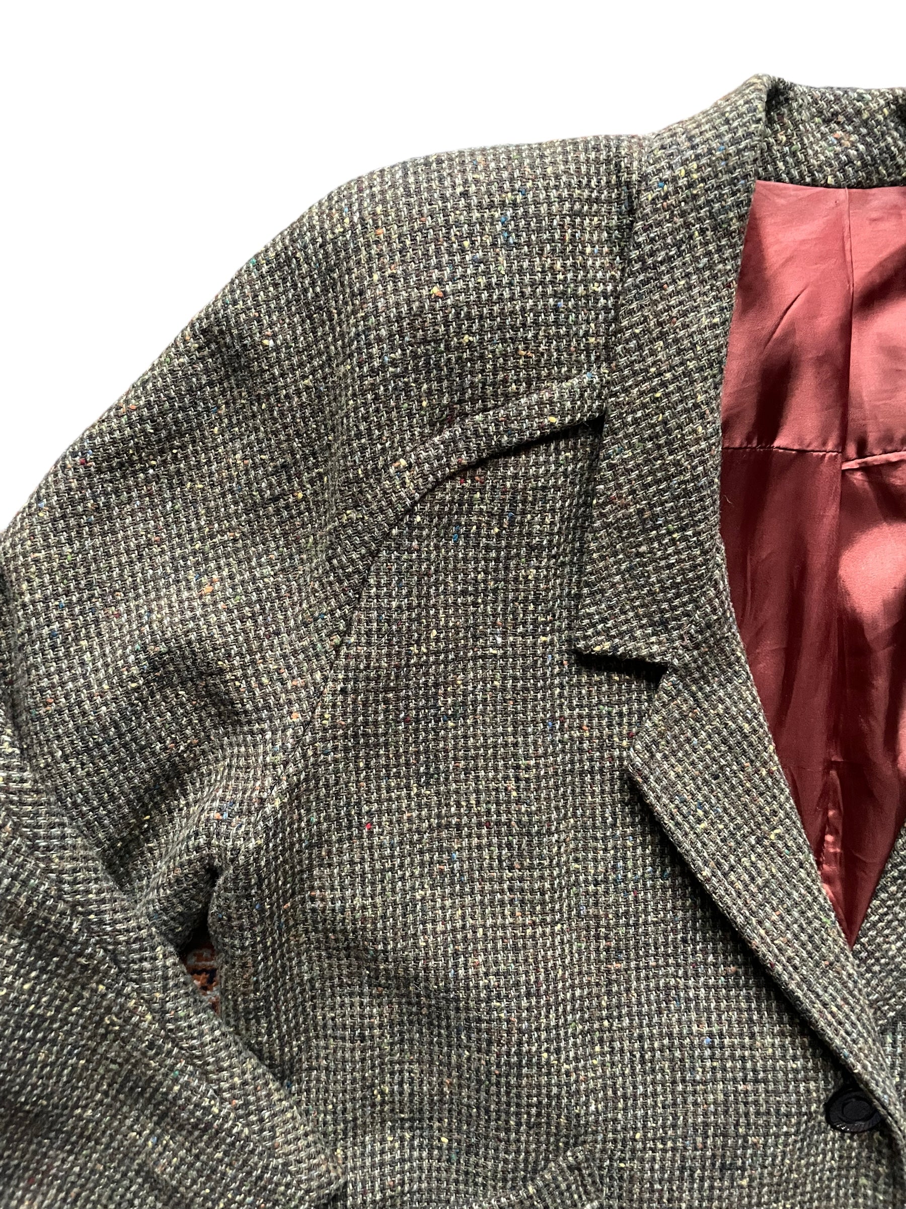 Front right shoulder view of Vintage 1940s Tweed Boxy Blazer SZ L | Seattle True Vintage | Barn Owl Vintage Coats