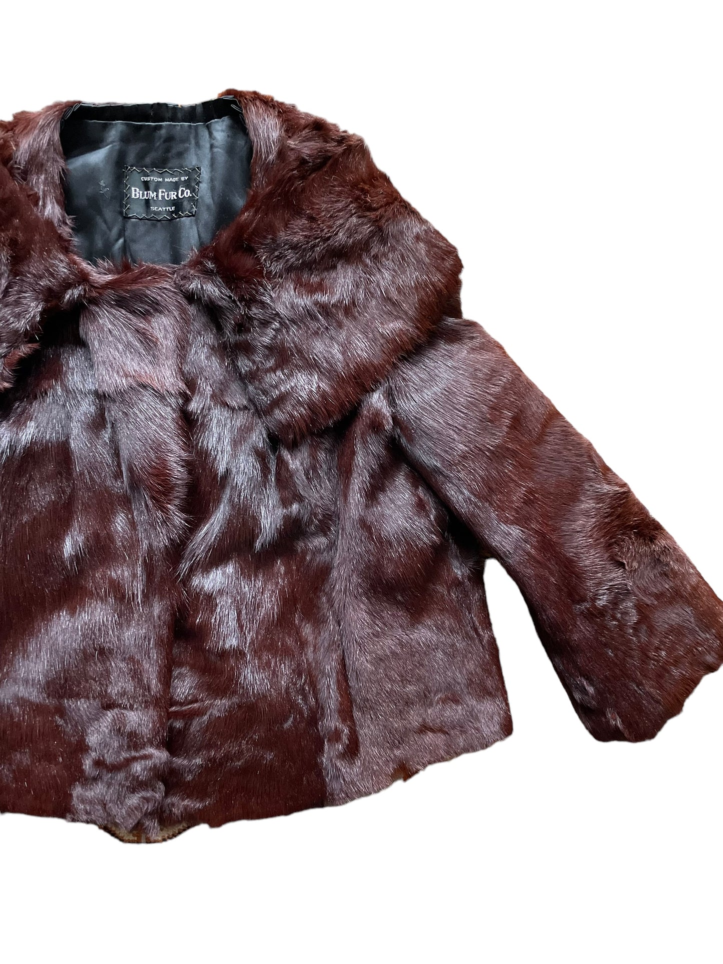 Front left side view of 1940s Custom Made Blum Fur Co. Cropped Coat SZ M-L | Seattle True Vintage | Barn Owl Vintage Coats