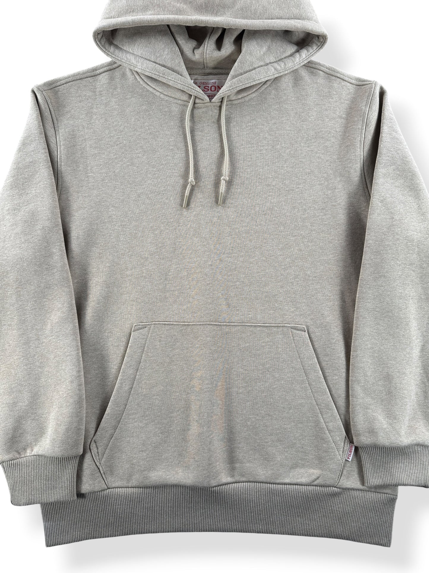 Front Close Up of Filson Oat Heather Prospector Hoodie SZ L