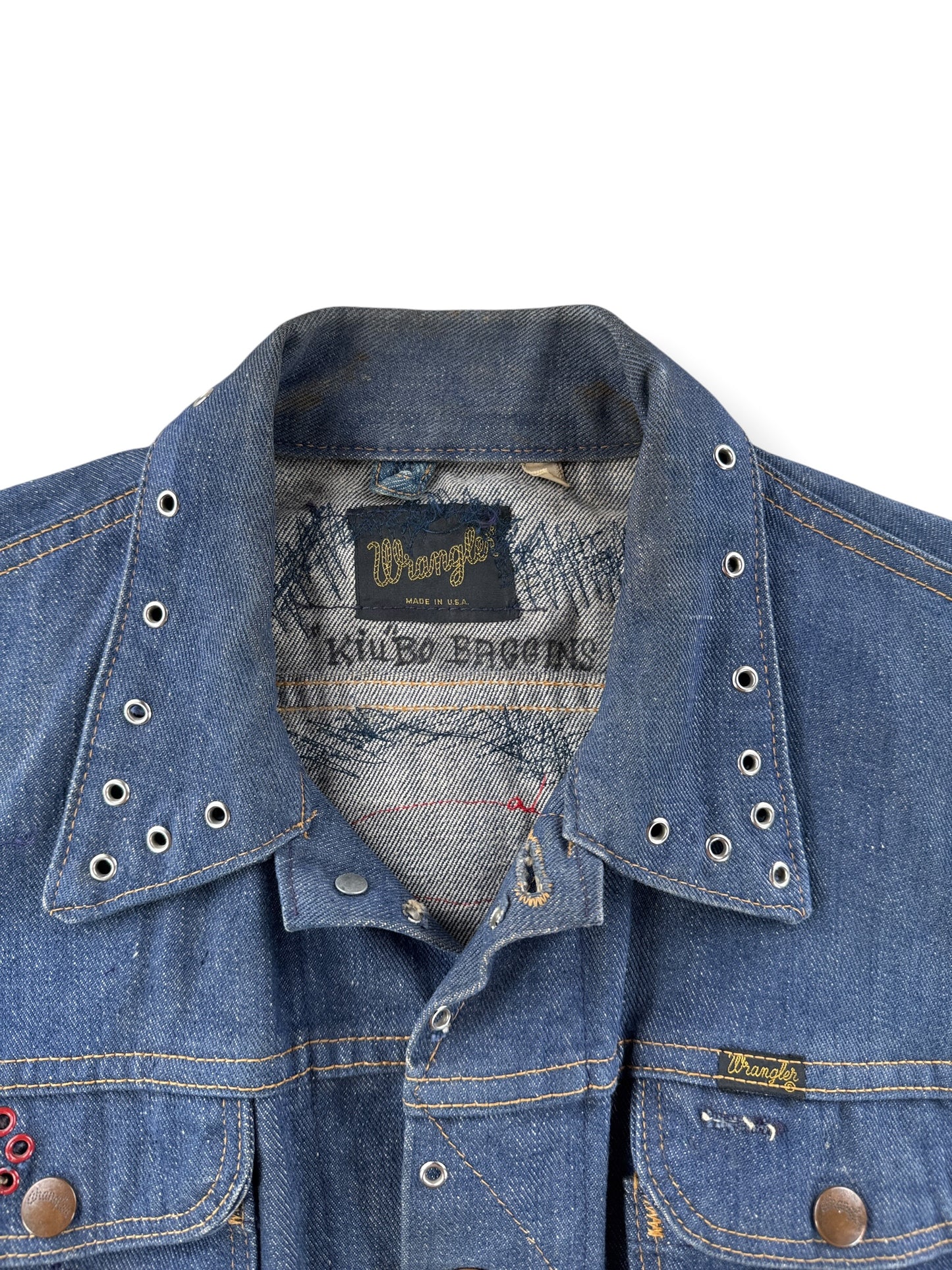 Collar on Vintage 60s Dark Wash Wrangler Biker Vest SZ 40