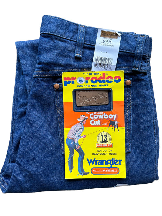Folded back pocket and label viewof Vintage 90s Deadstock Wrangler Cowboy Cut Denim 33x36 | Seattle Vintage Jeans | Barn Owl Vintage