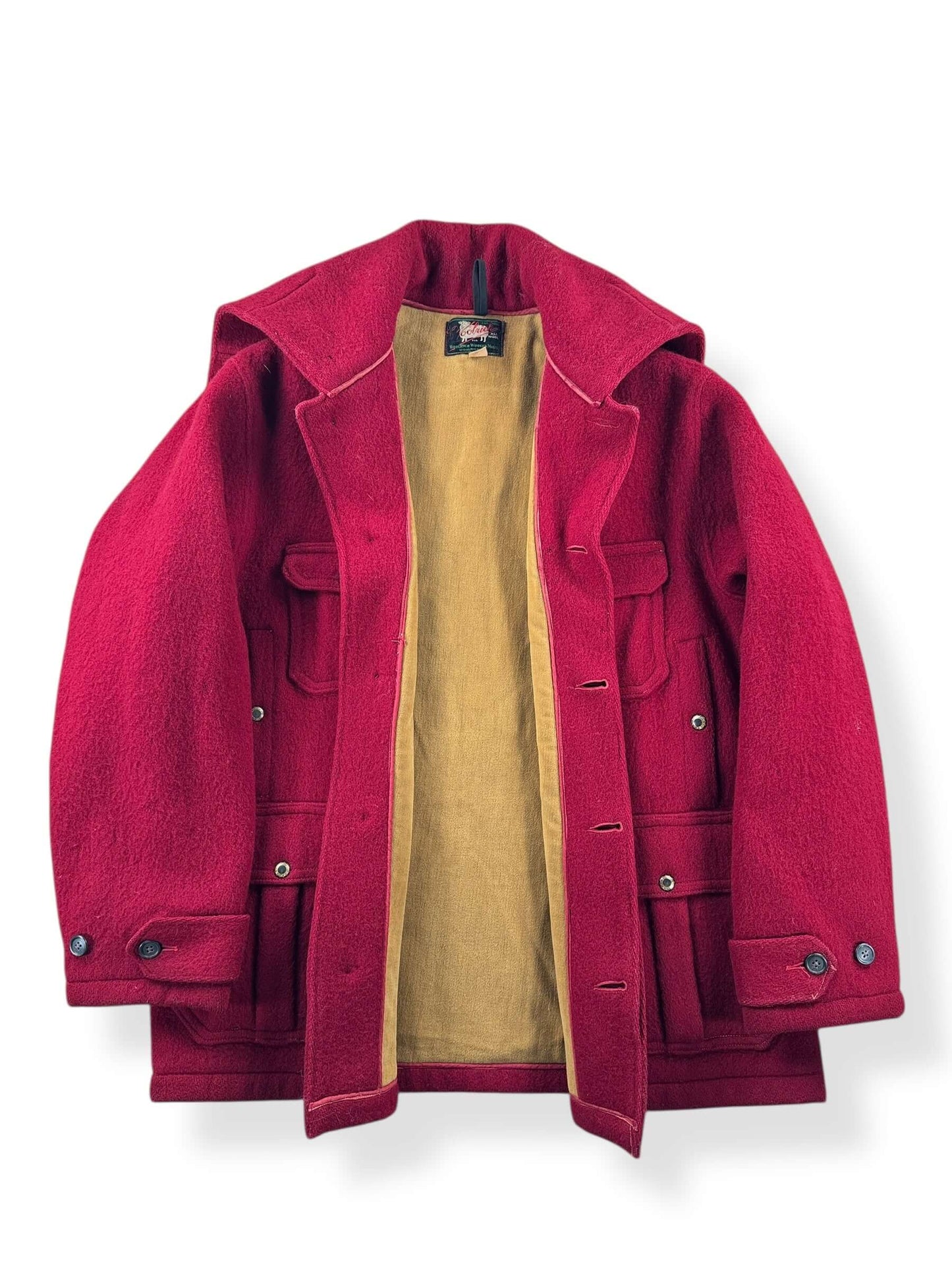Inside of Vintage Woolrich Burgundy Hooded Wool Jacket SZ 44